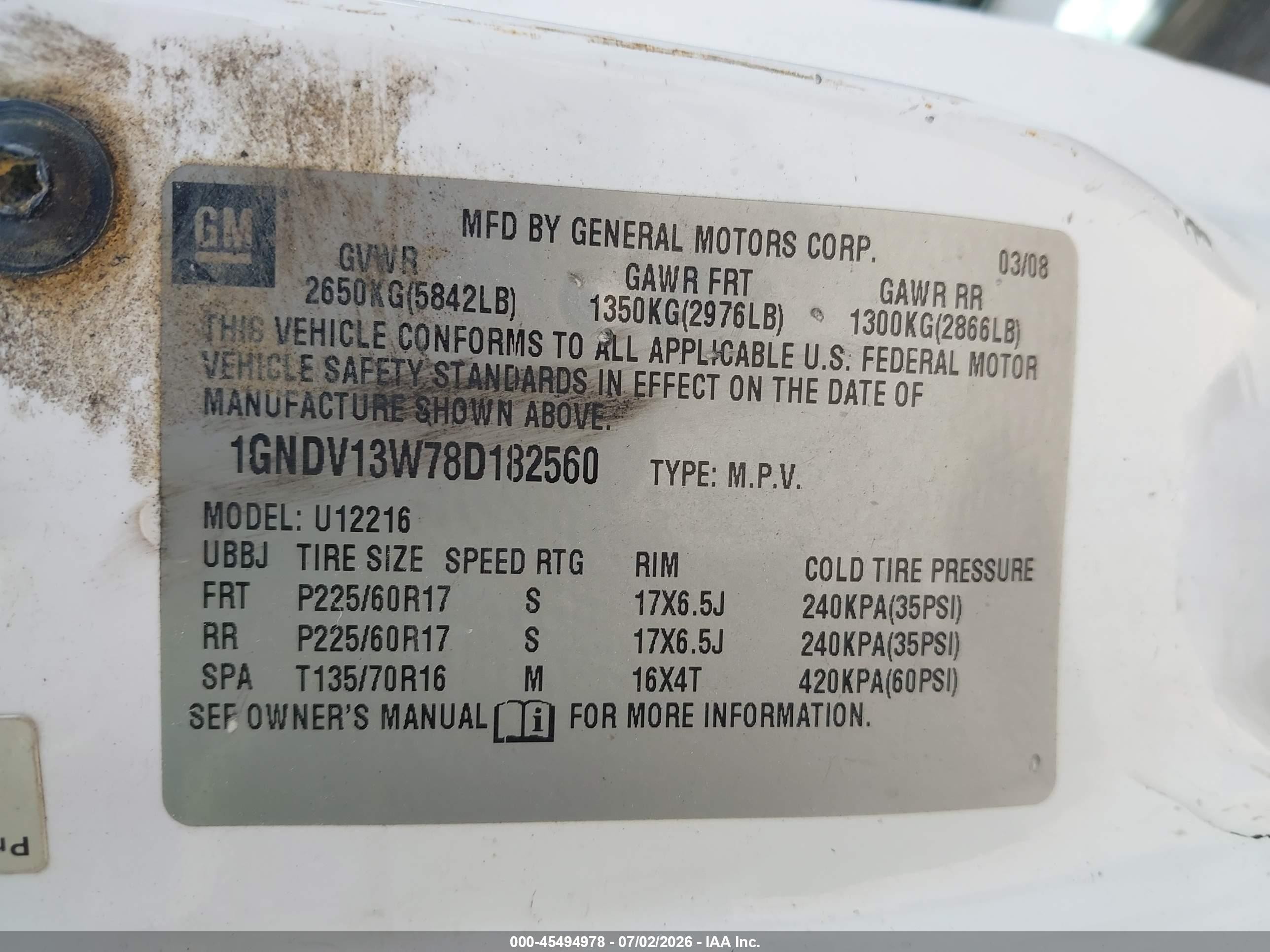 2008 Chevrolet Uplander Cargo White vin: 1GNDV13W78D182560