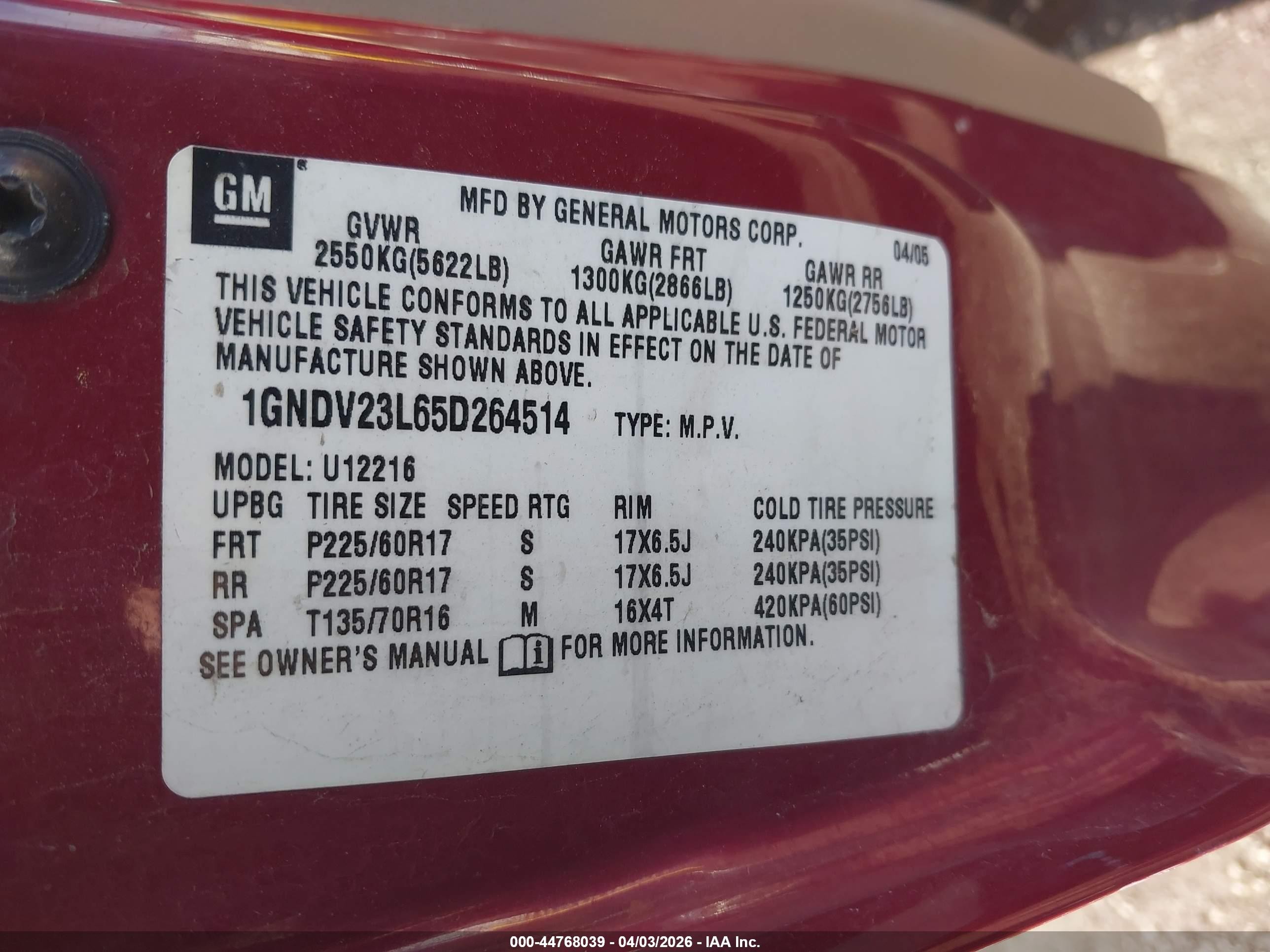2005 Chevrolet Uplander Ls Red vin: 1GNDV23L65D264514