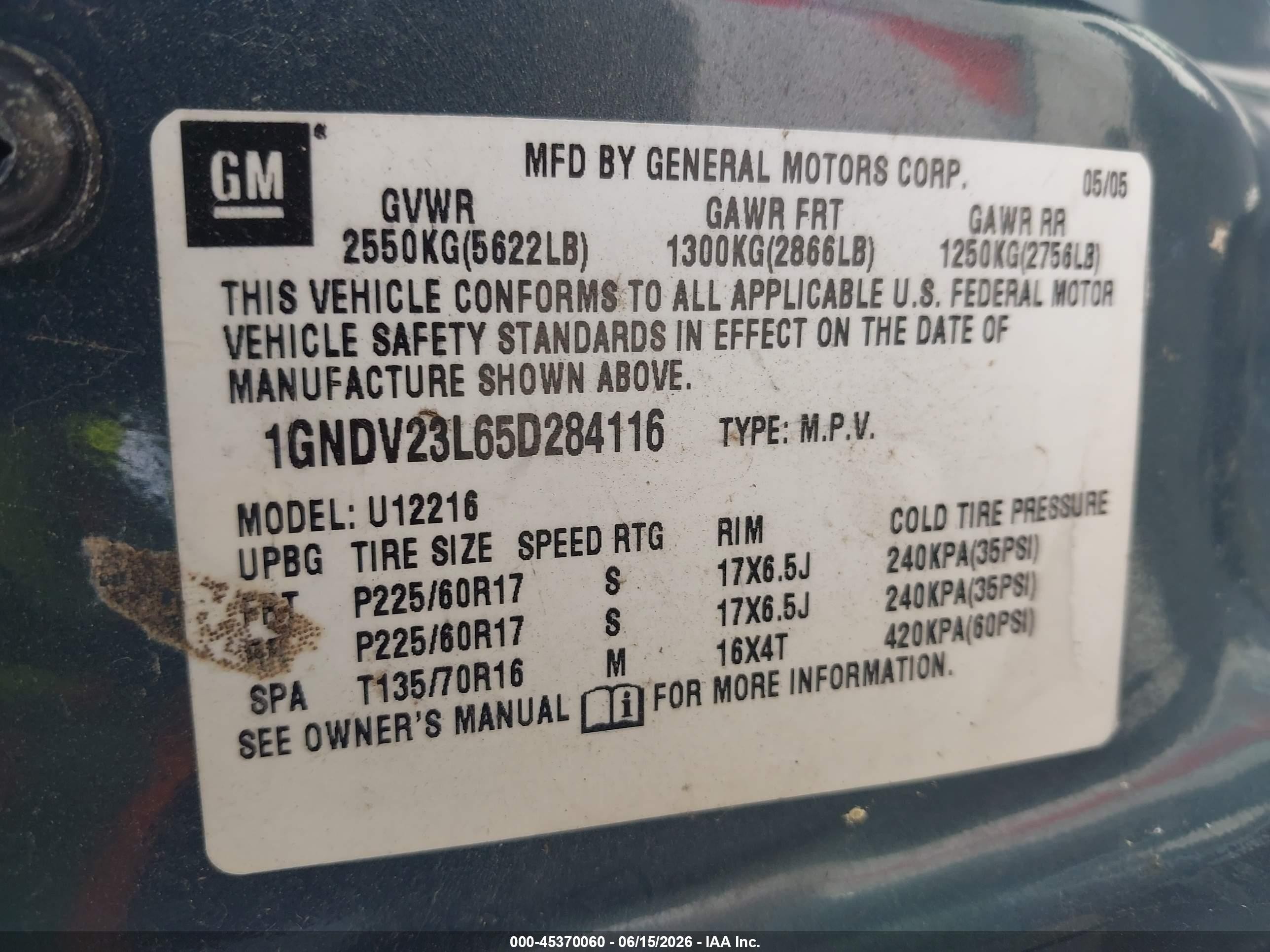 2005 Chevrolet Uplander Ls Light Blue vin: 1GNDV23L65D284116
