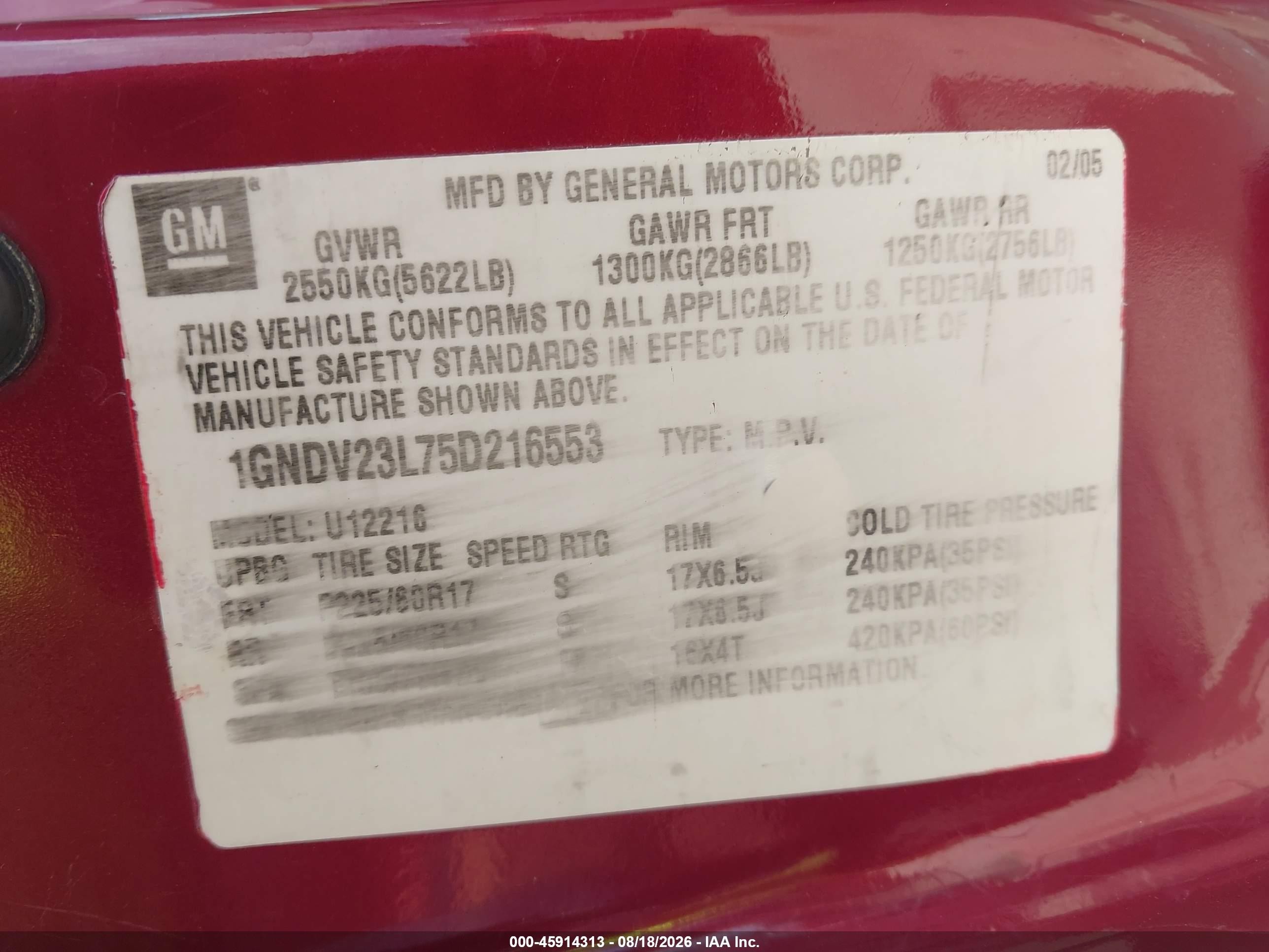 2005 Chevrolet Uplander Ls Red vin: 1GNDV23L75D216553