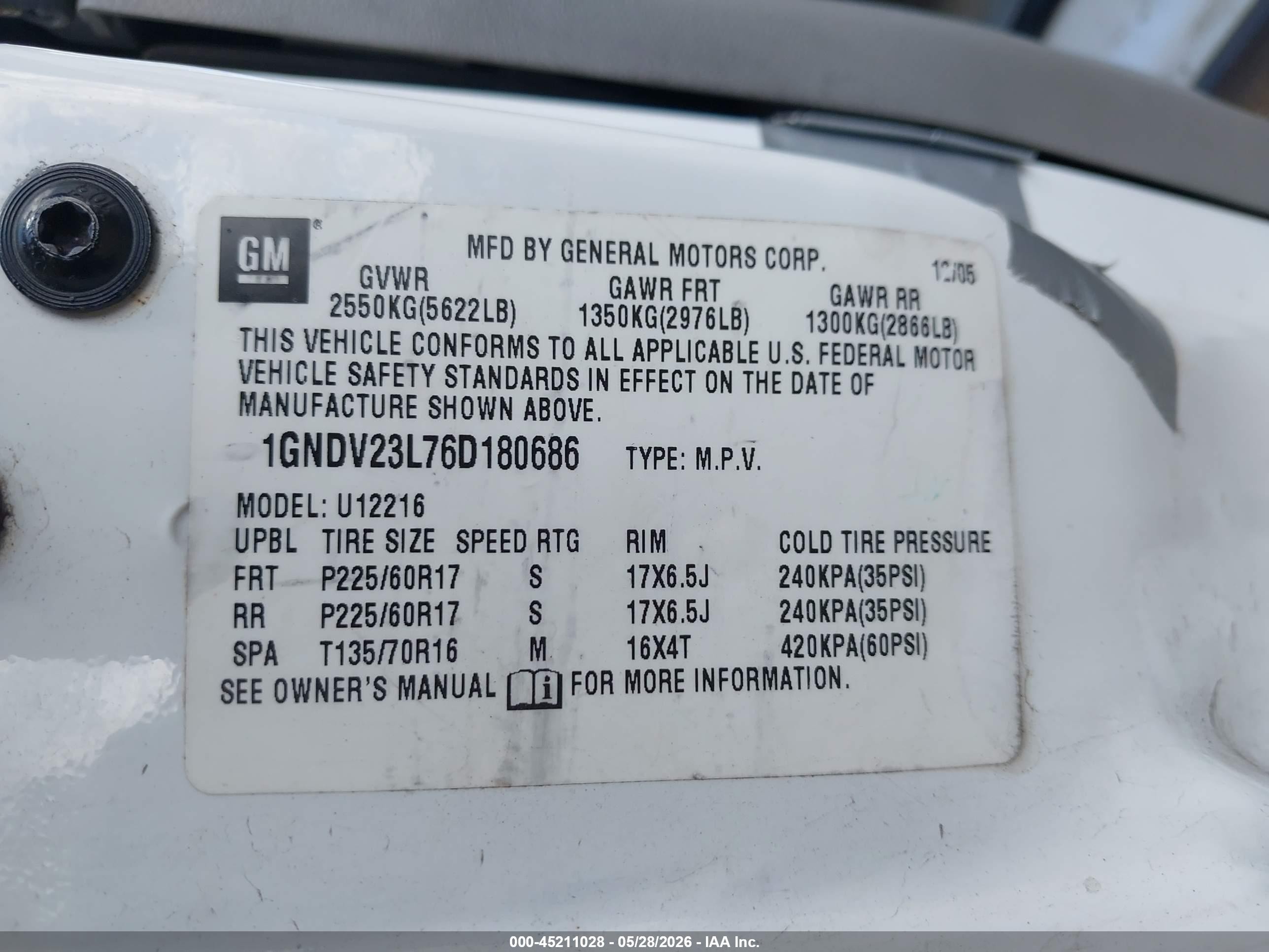 2006 Chevrolet Uplander Ls White vin: 1GNDV23L76D180686