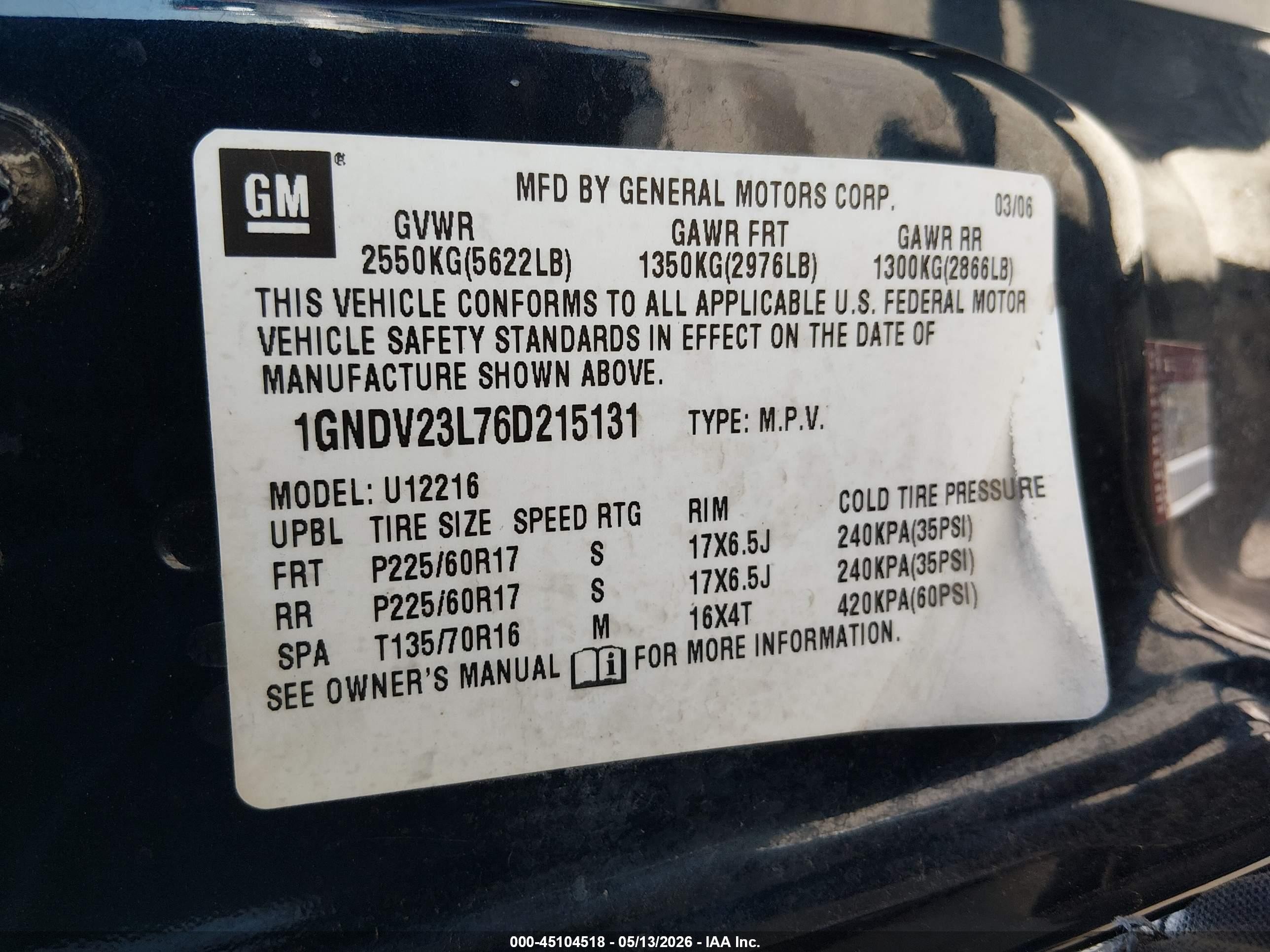 2006 Chevrolet Uplander Ls Blue vin: 1GNDV23L76D215131