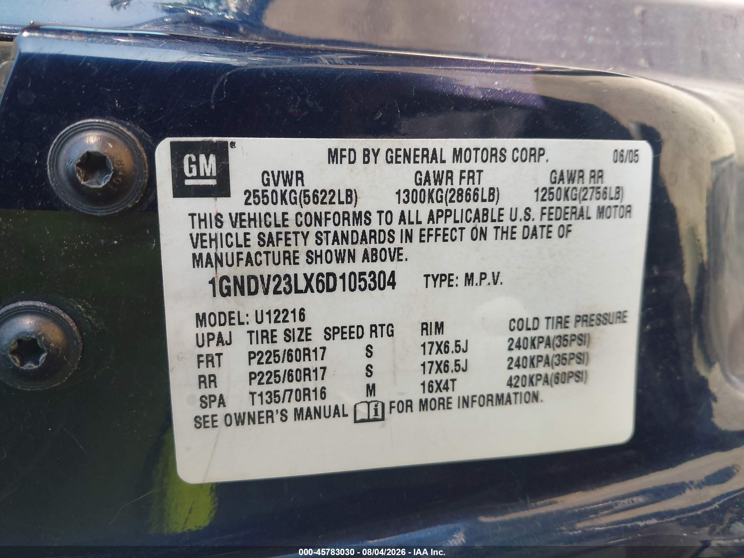 2006 Chevrolet Uplander Ls Blue vin: 1GNDV23LX6D105304