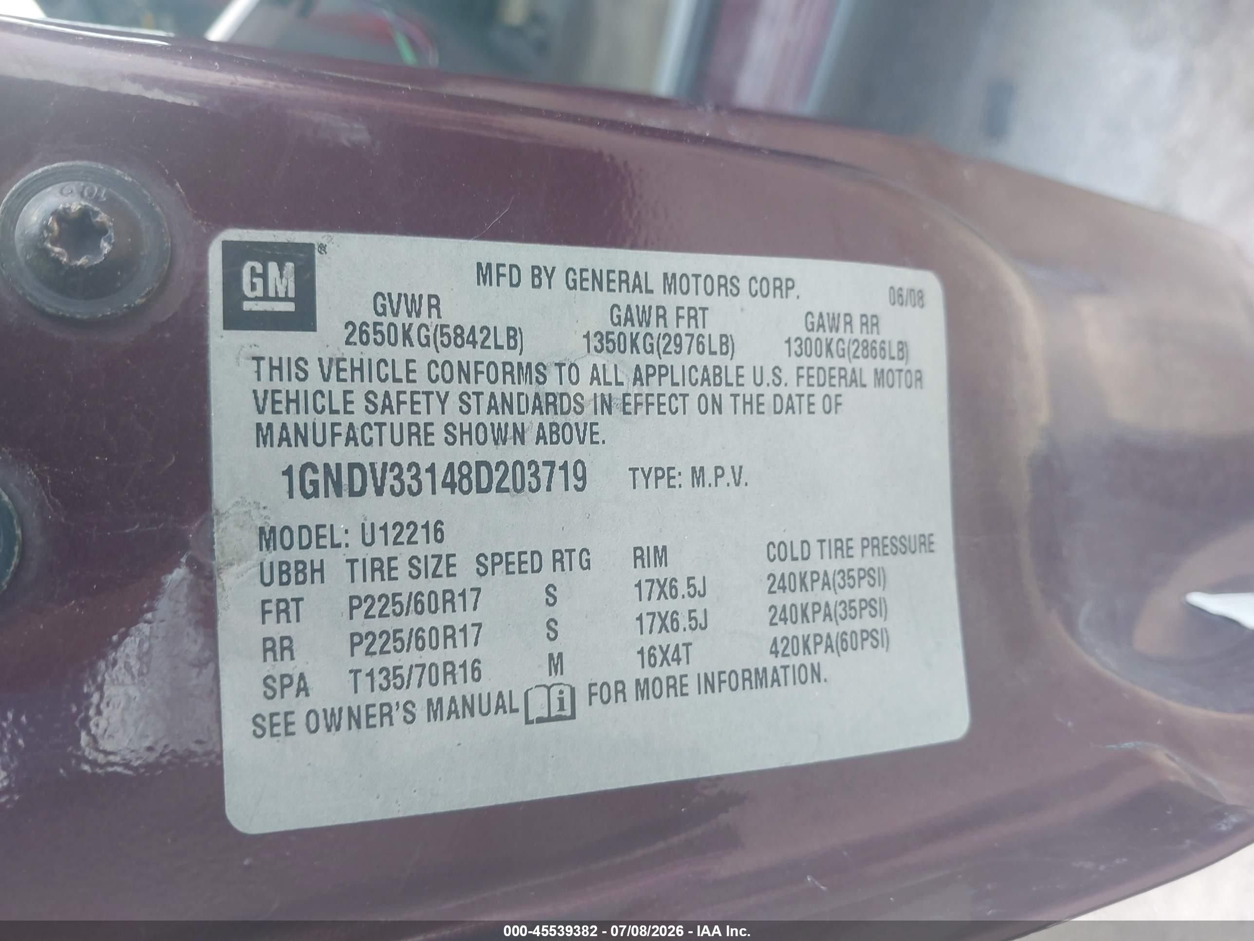 2008 Chevrolet Uplander Lt W/1lt Burgundy vin: 1GNDV33148D203719
