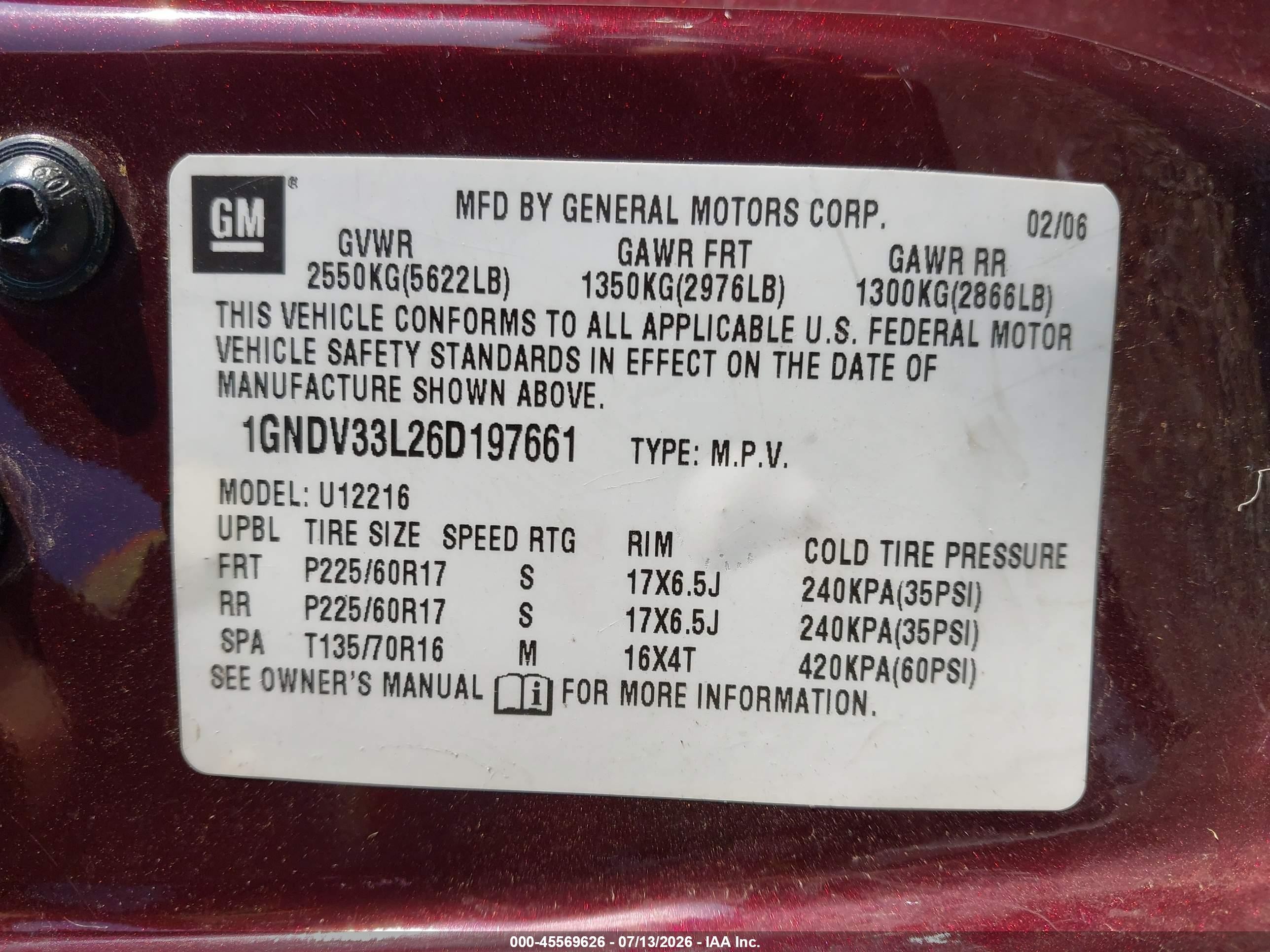 2006 Chevrolet Uplander Lt W/1lt Burgundy vin: 1GNDV33L26D197661