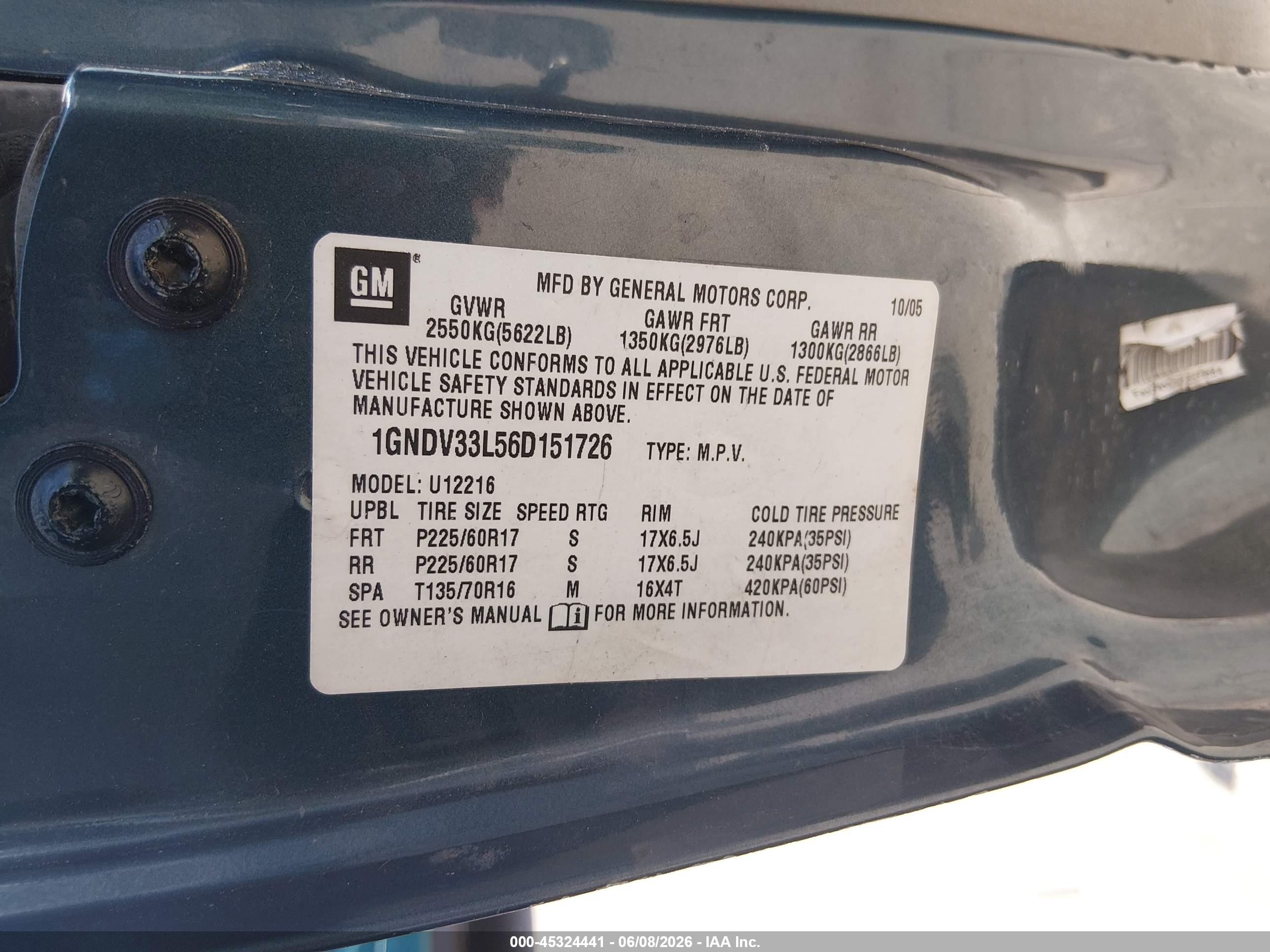 2006 Chevrolet Uplander Lt W/3lt Blue vin: 1GNDV33L56D151726