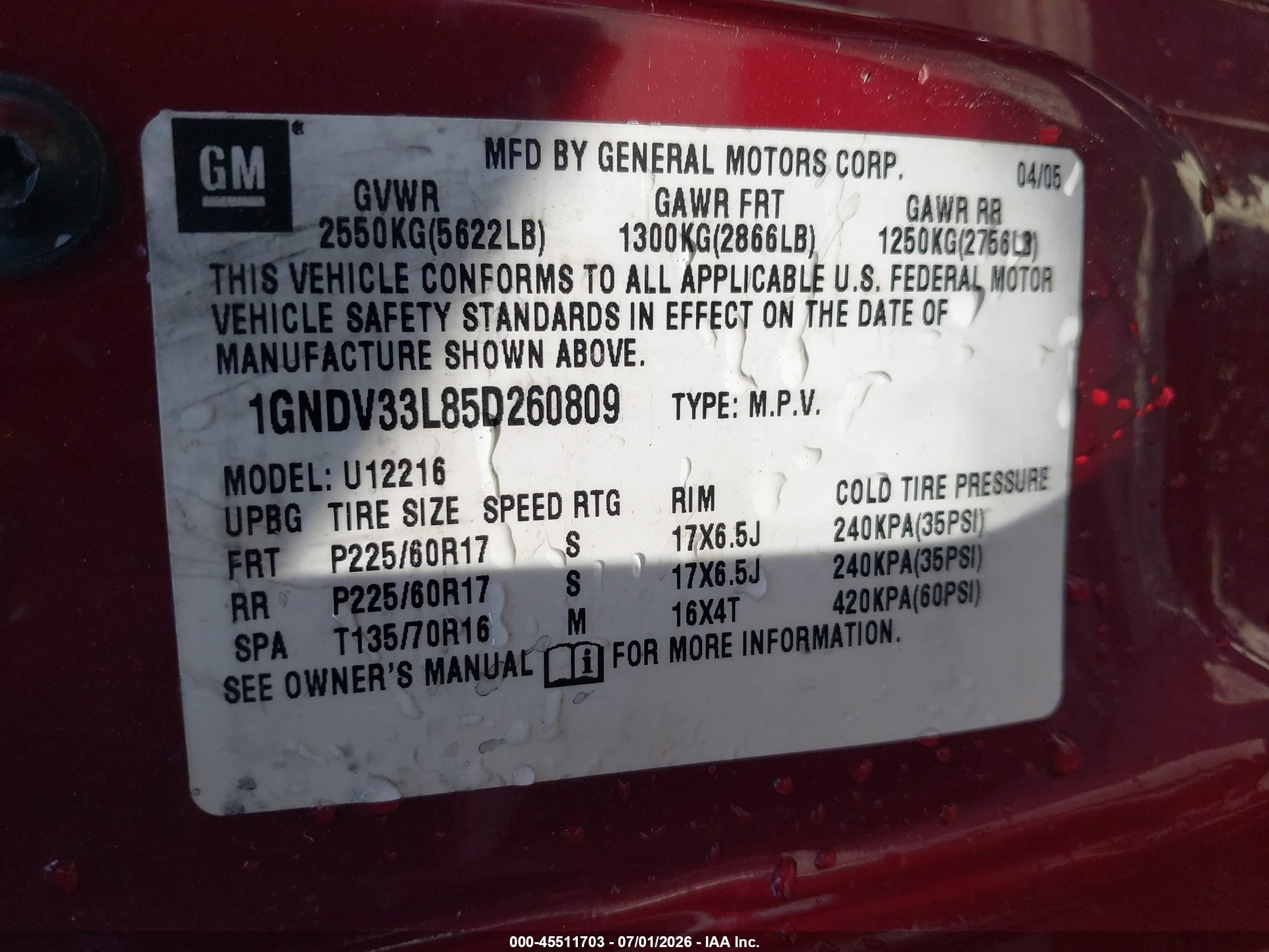 2005 Chevrolet Uplander Lt Burgundy vin: 1GNDV33L85D260809