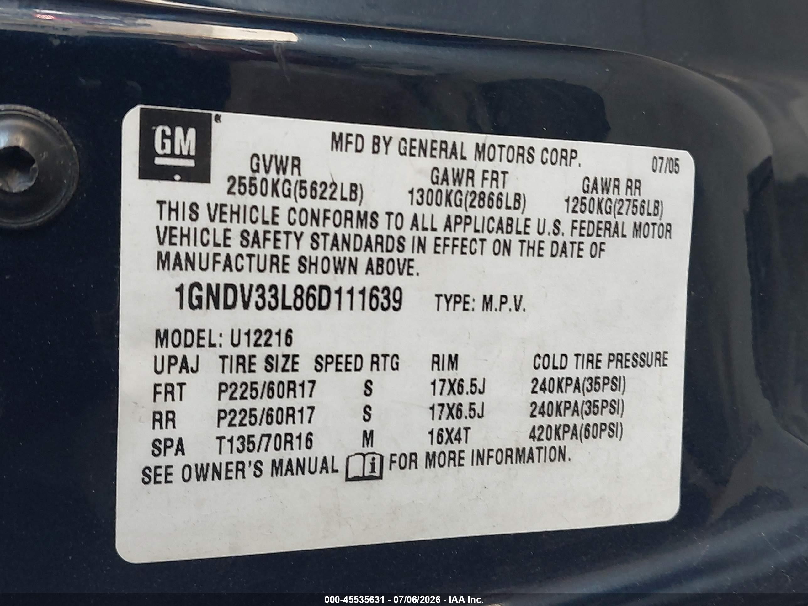 2006 Chevrolet Uplander Lt W/2lt Blue vin: 1GNDV33L86D111639