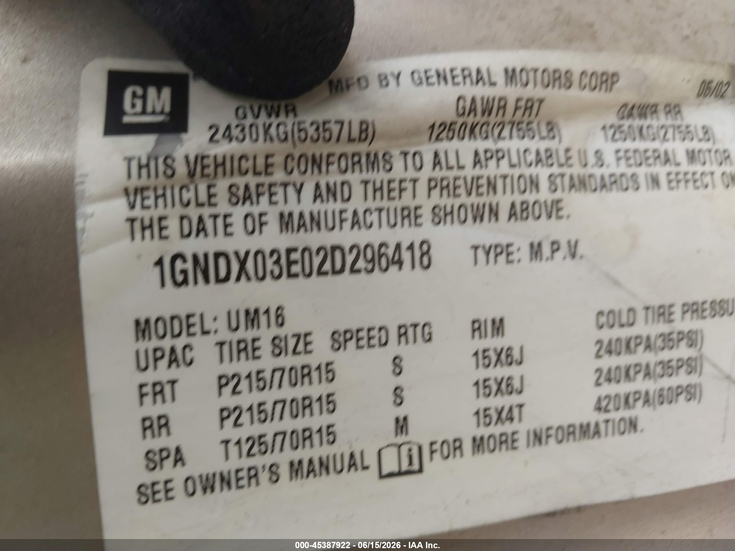 2002 Chevrolet Venture Ls 1sc Pkg Tan vin: 1GNDX03E02D296418