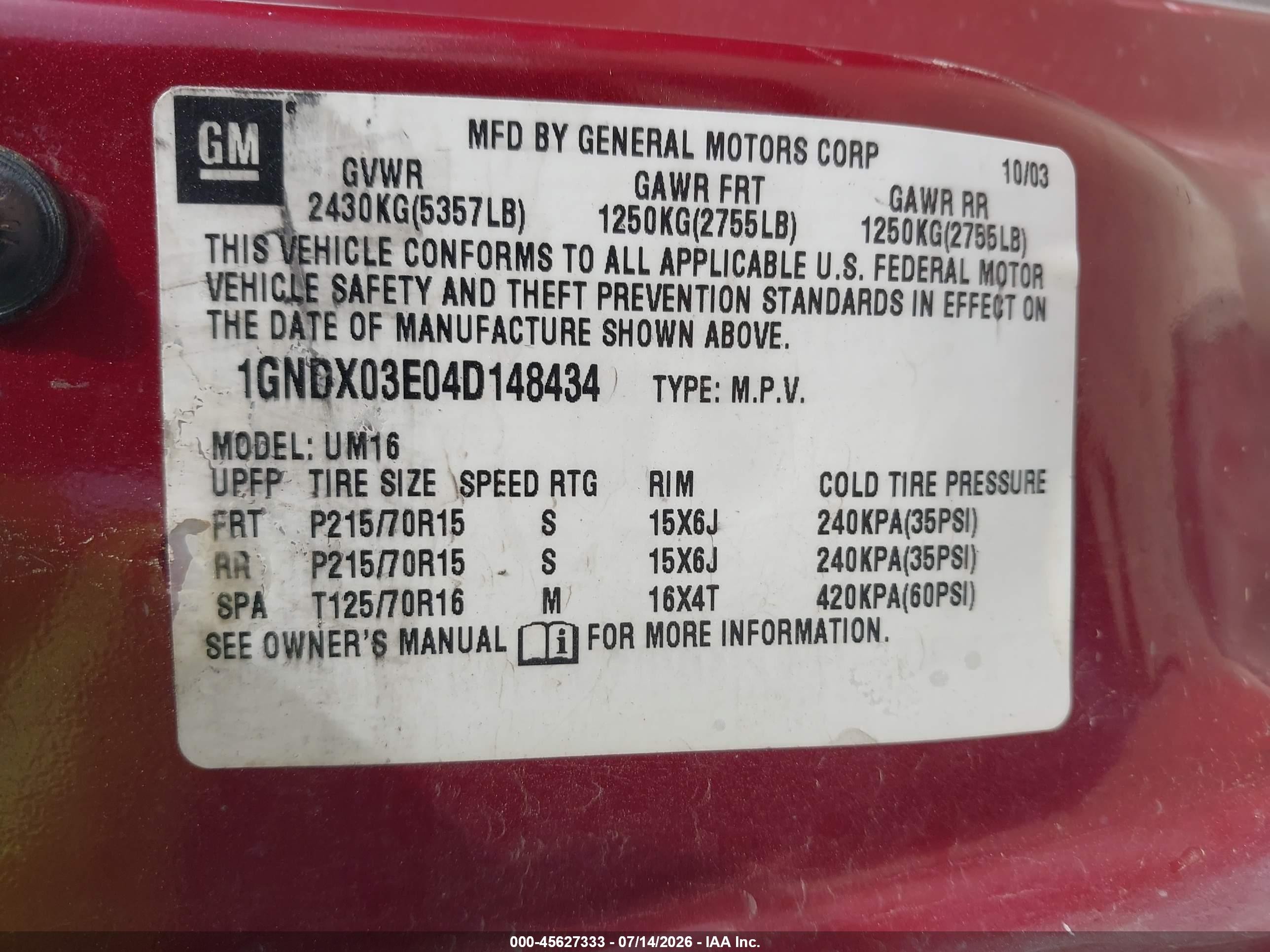2004 Chevrolet Venture Ls Red vin: 1GNDX03E04D148434