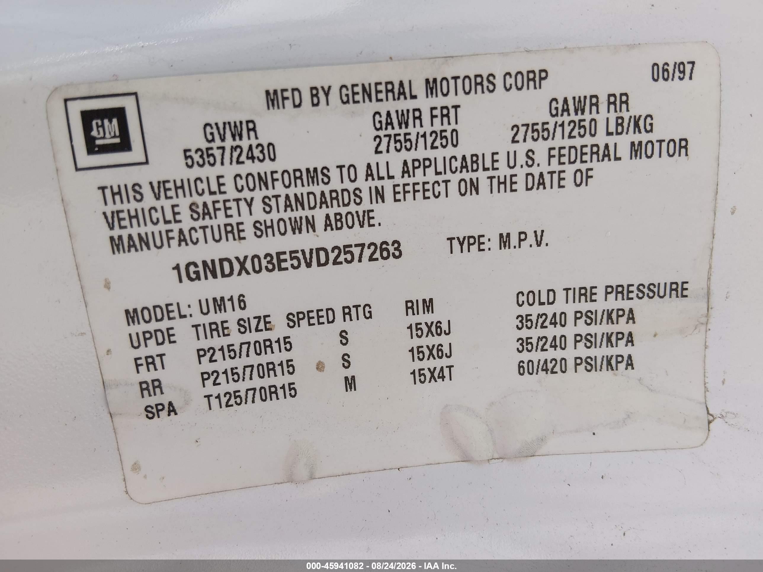 1997 Chevrolet Venture   White vin: 1GNDX03E5VD257263