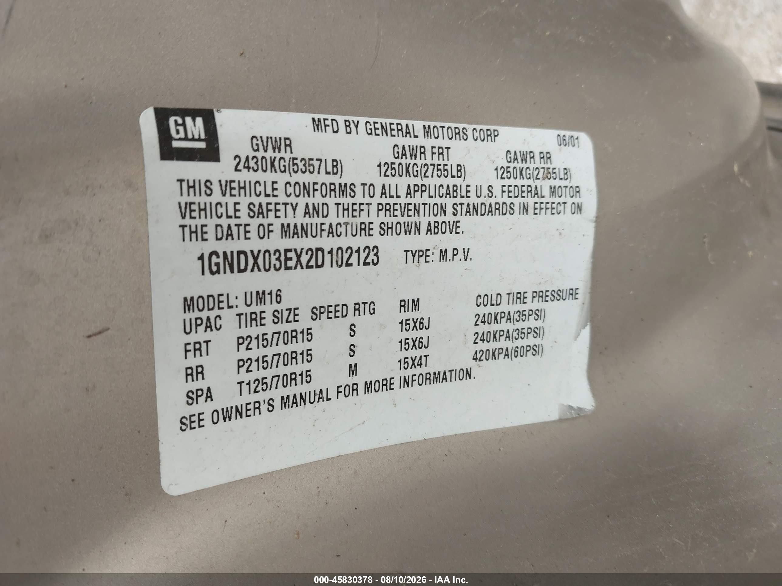 2002 Chevrolet Venture Plus 1sb Pkg Brown vin: 1GNDX03EX2D102123