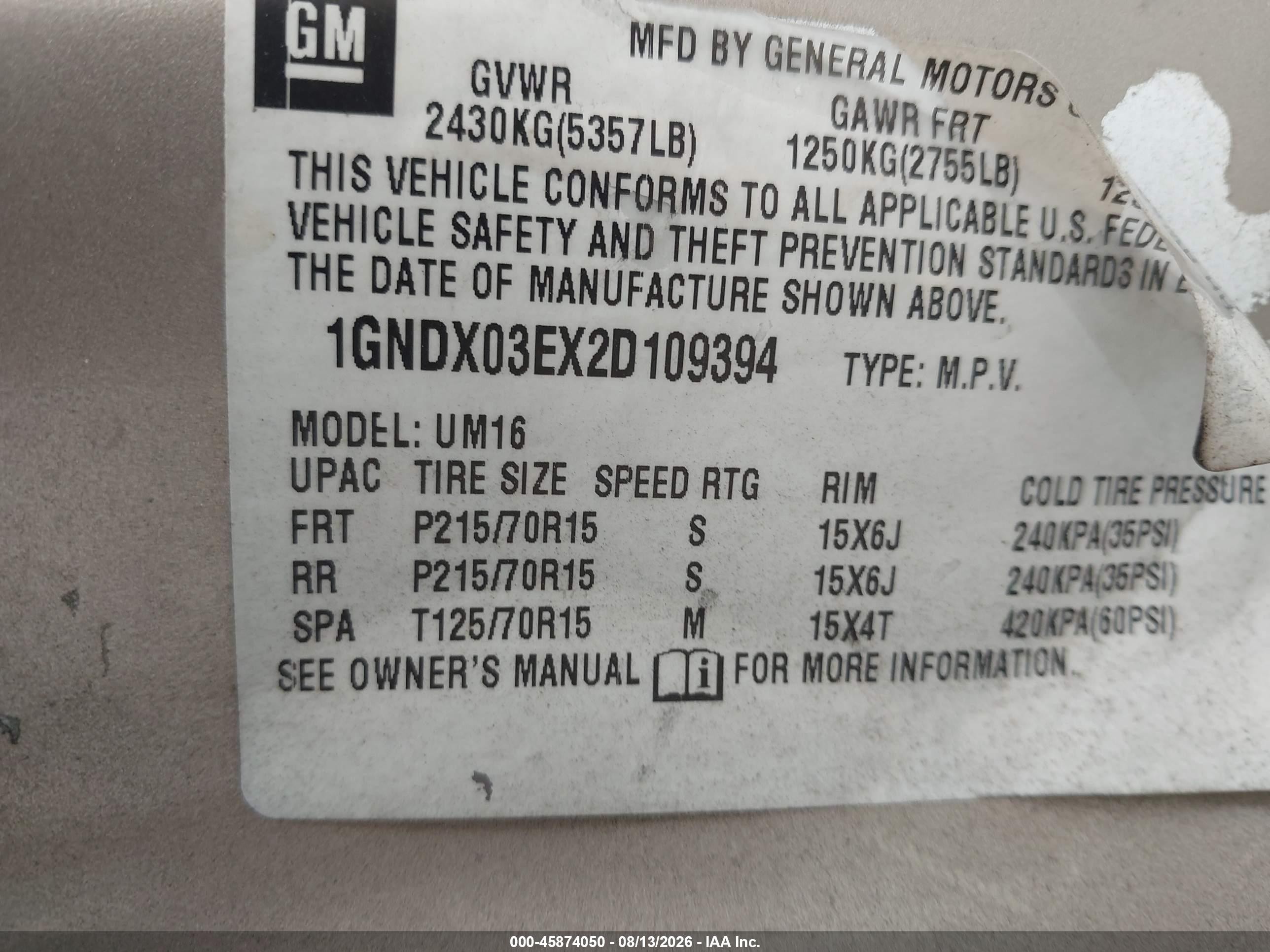 2002 Chevrolet Venture   Champagne vin: 1GNDX03EX2D109394