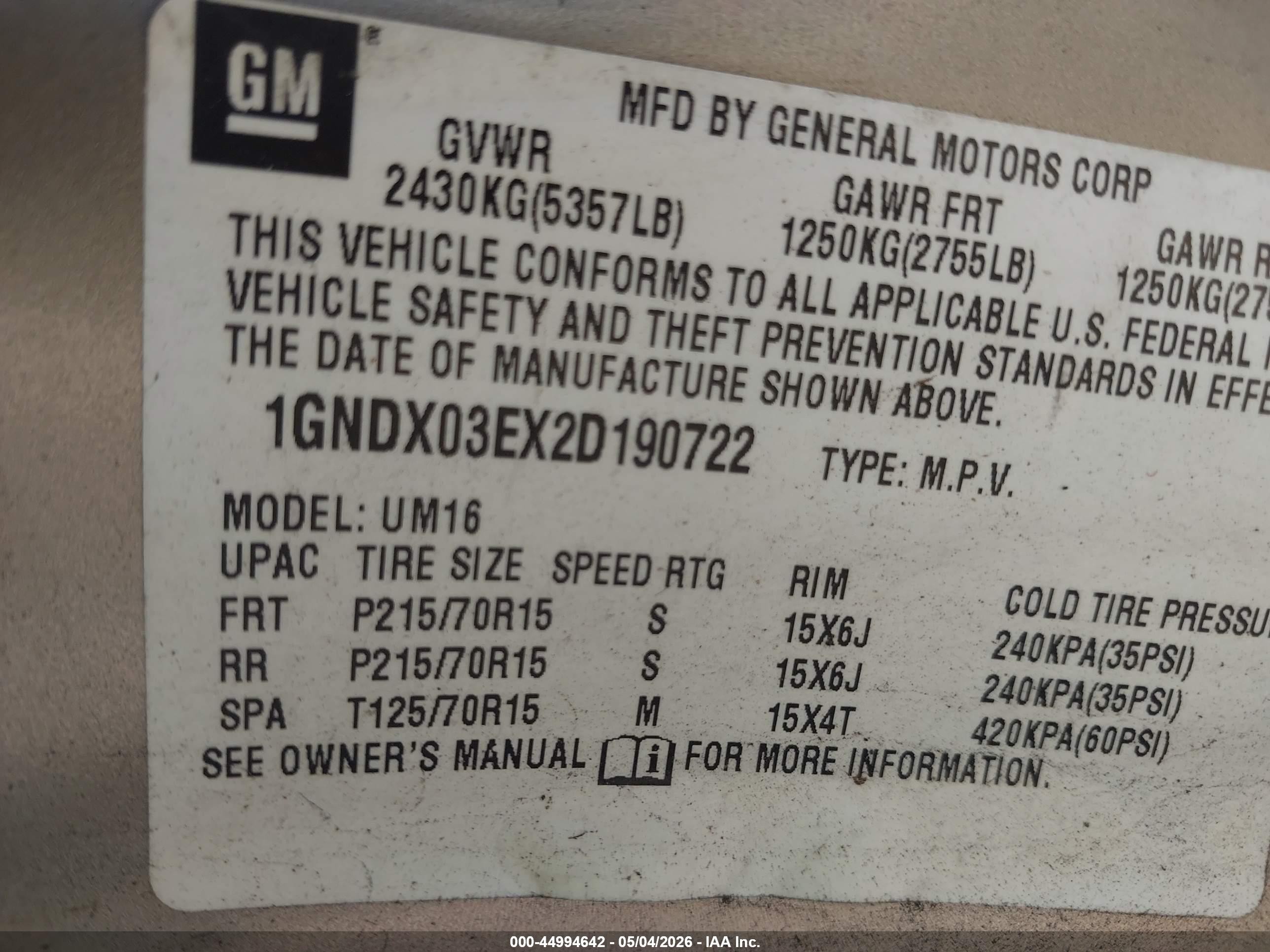 2002 Chevrolet Venture Plus Champagne vin: 1GNDX03EX2D190722