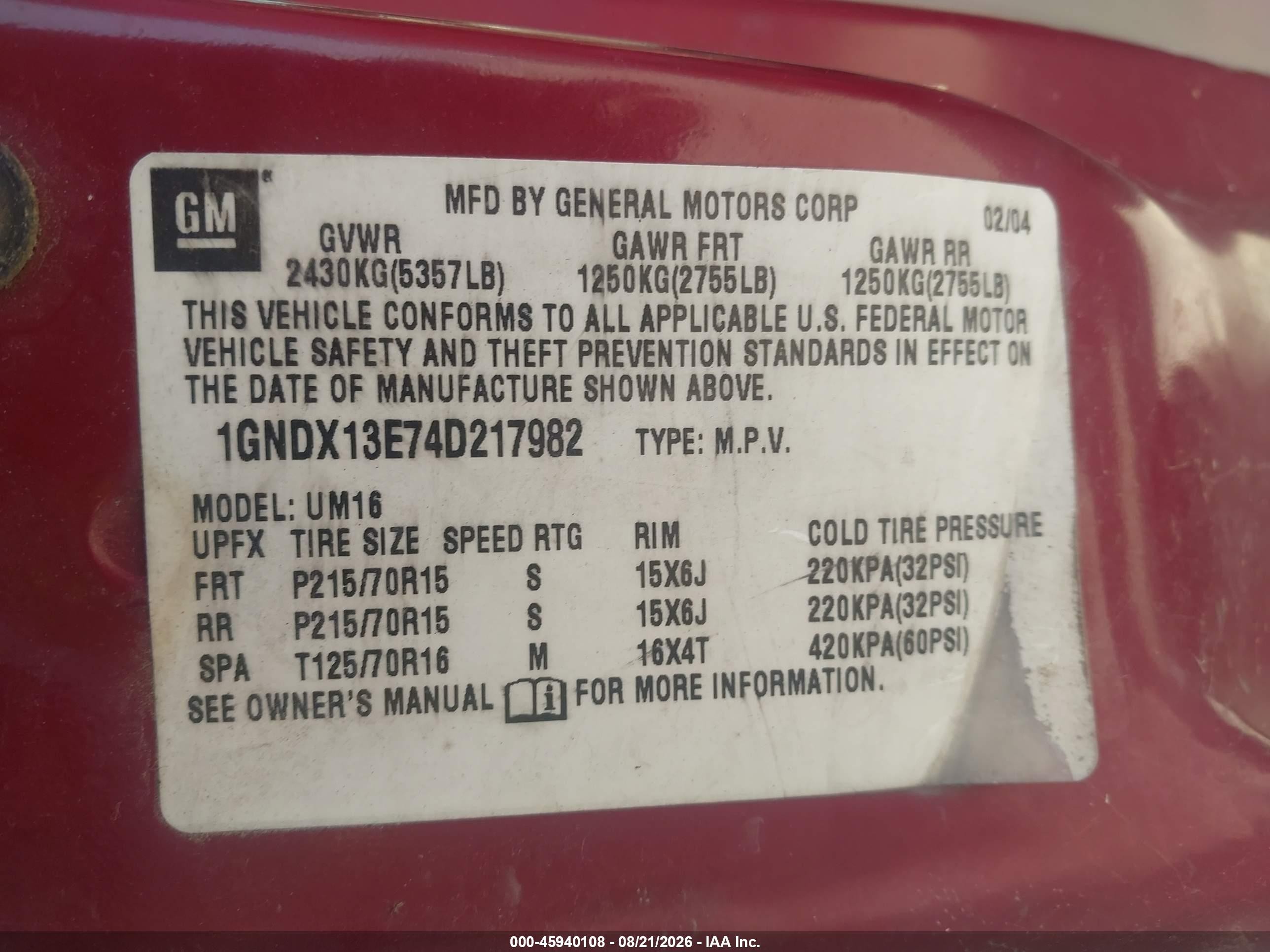 2004 Chevrolet Venture Lt Red vin: 1GNDX13E74D217982