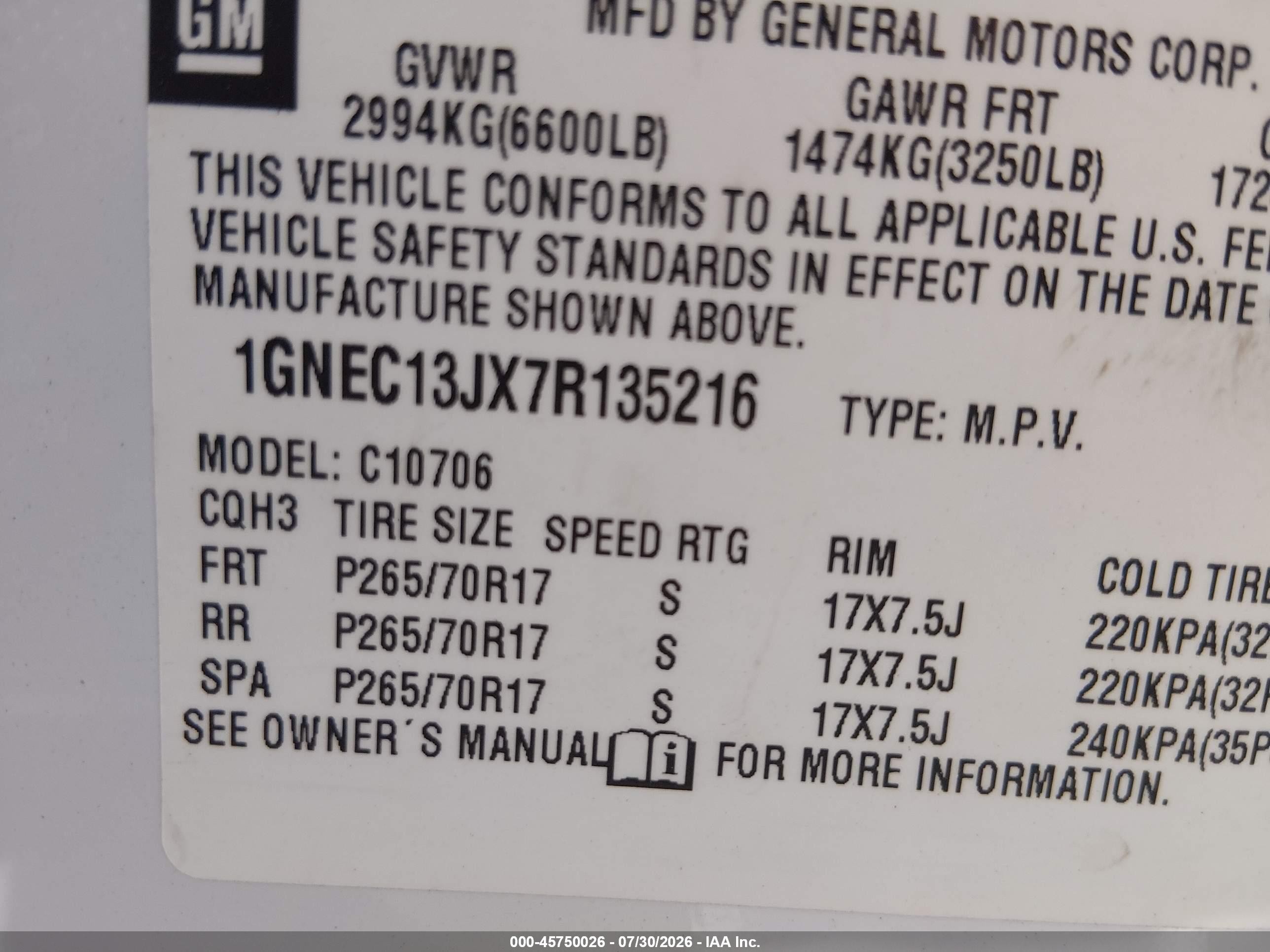 2007 Chevrolet Tahoe Lt White vin: 1GNEC13JX7R135216