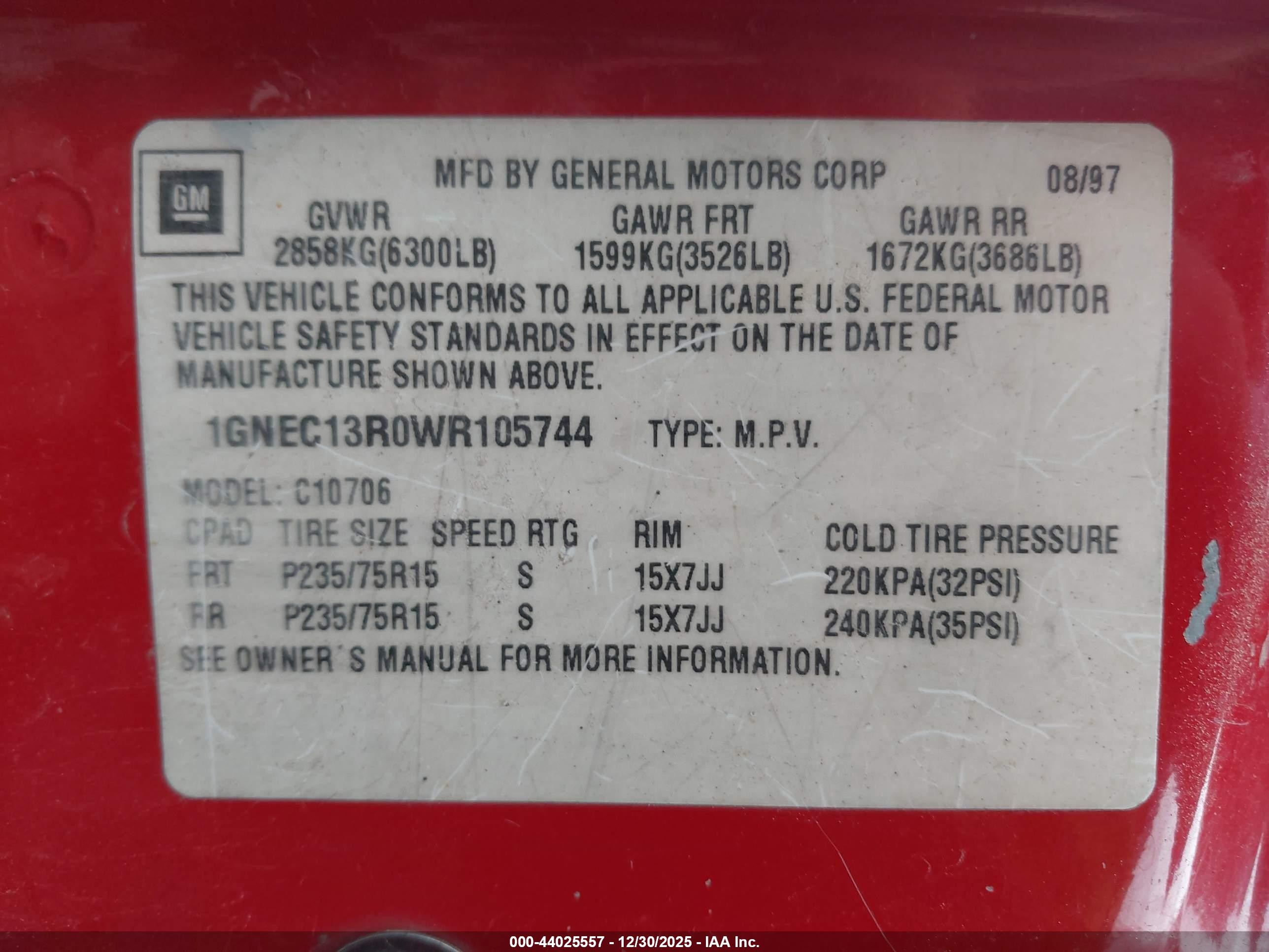 1998 Chevrolet Tahoe Ls Red vin: 1GNEC13R0WR105744