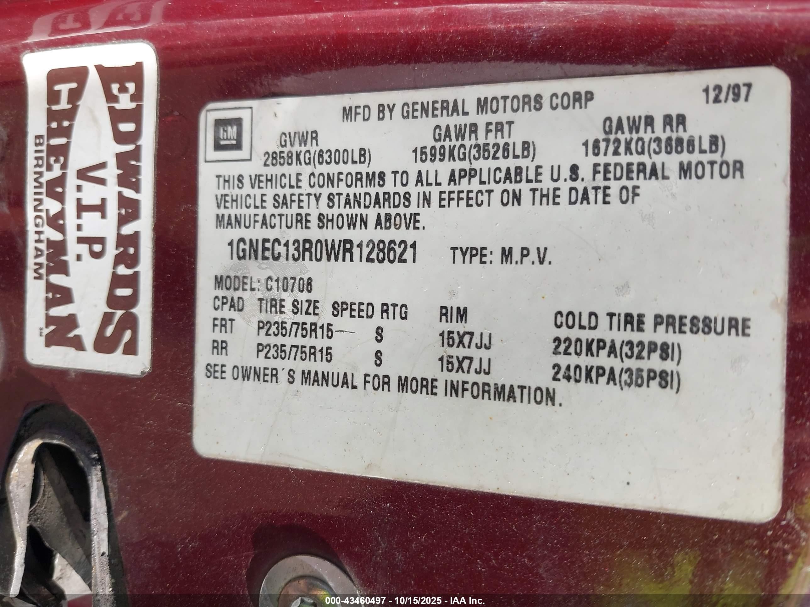 1998 Chevrolet Tahoe Ls Maroon vin: 1GNEC13R0WR128621