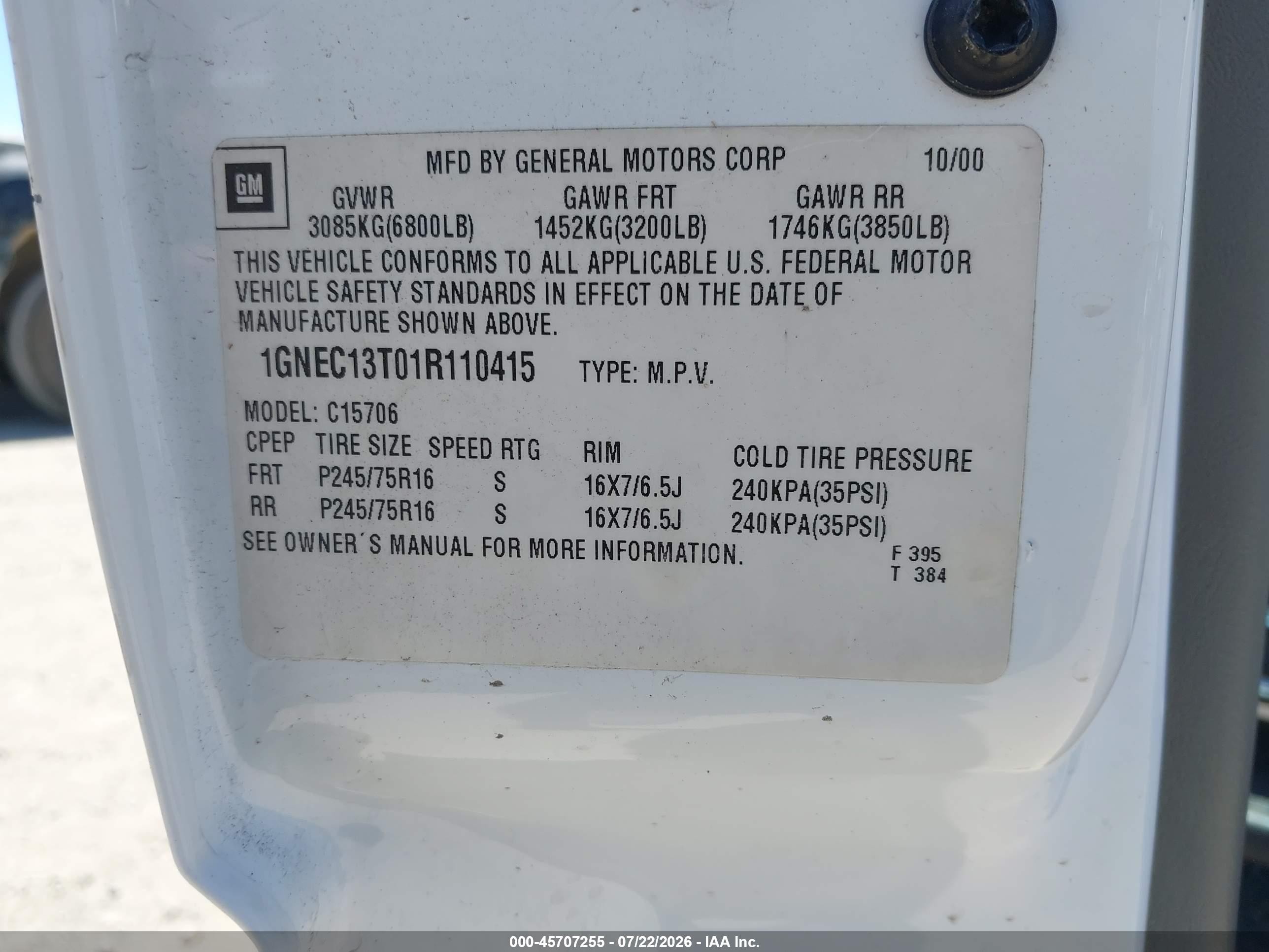 2001 Chevrolet Tahoe Lt Белый vin: 1GNEC13T01R110415