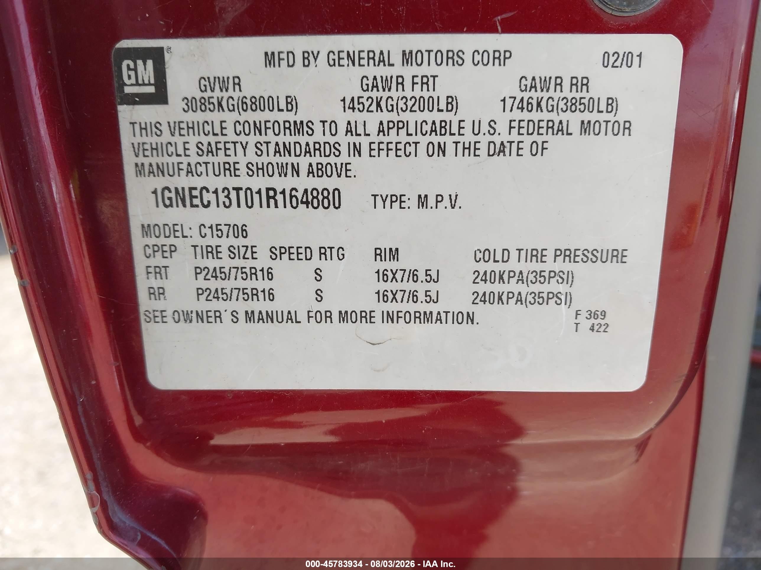 2001 Chevrolet Tahoe Lt Maroon vin: 1GNEC13T01R164880