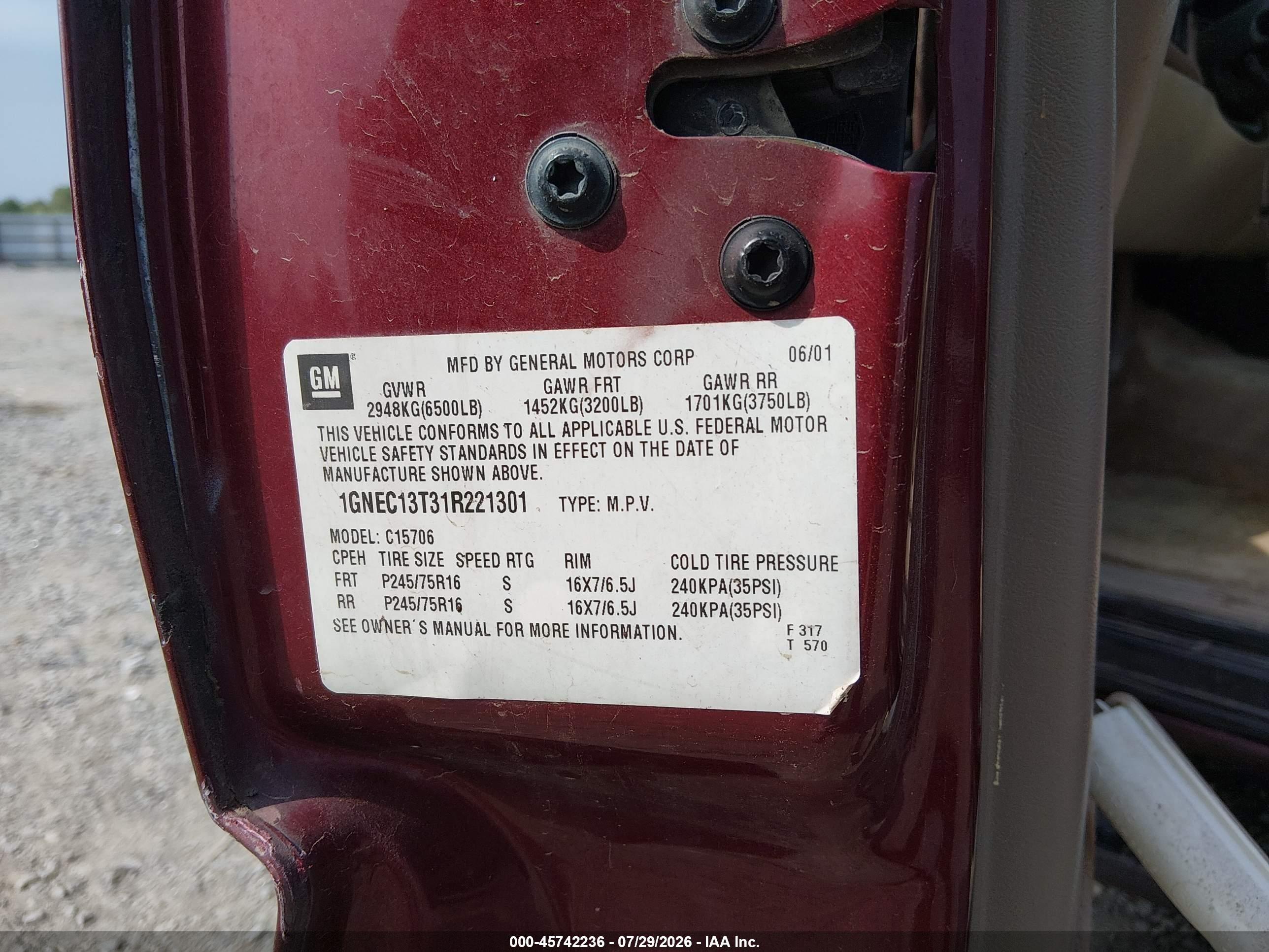 2001 Chevrolet Tahoe Ls Maroon vin: 1GNEC13T31R221301