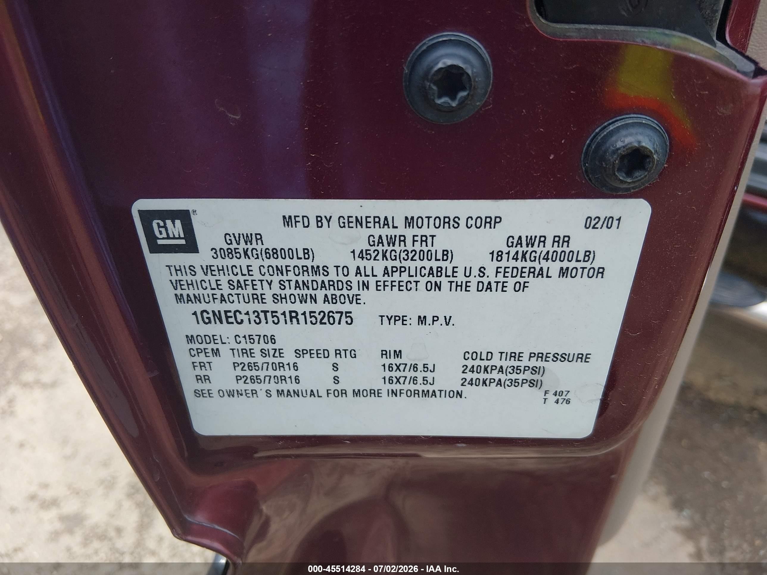 2001 Chevrolet Tahoe Ls Red vin: 1GNEC13T51R152675
