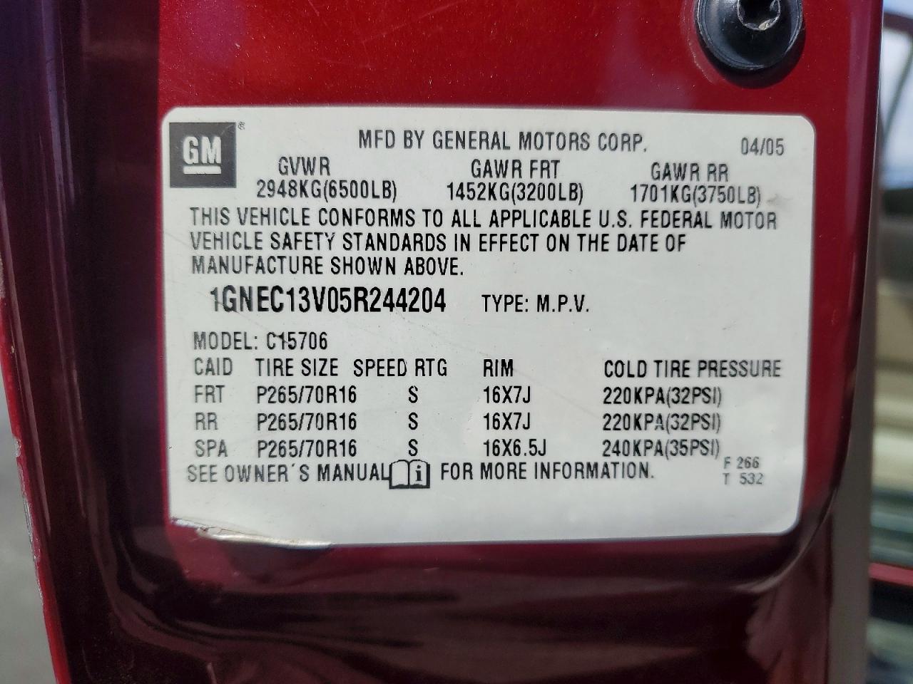 2005 Chevrolet Taho Red vin: 1GNEC13V05R244204