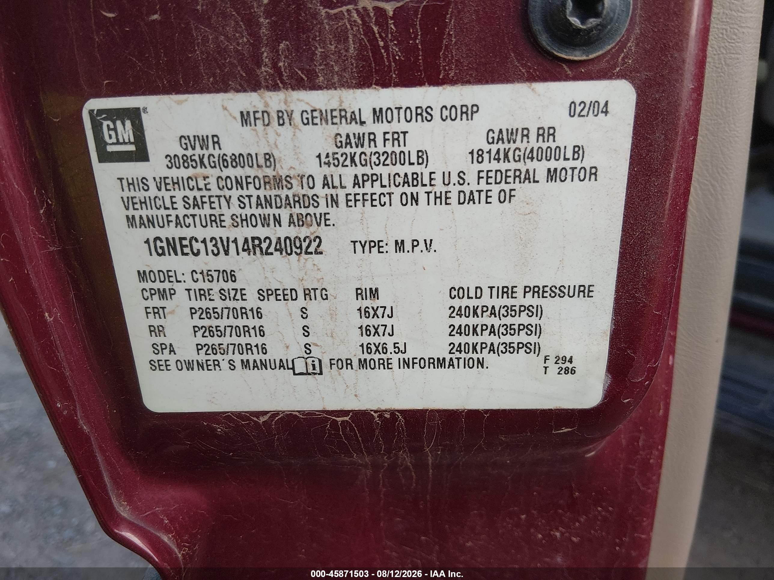 2004 Chevrolet Tahoe Ls Burgundy vin: 1GNEC13V14R240922