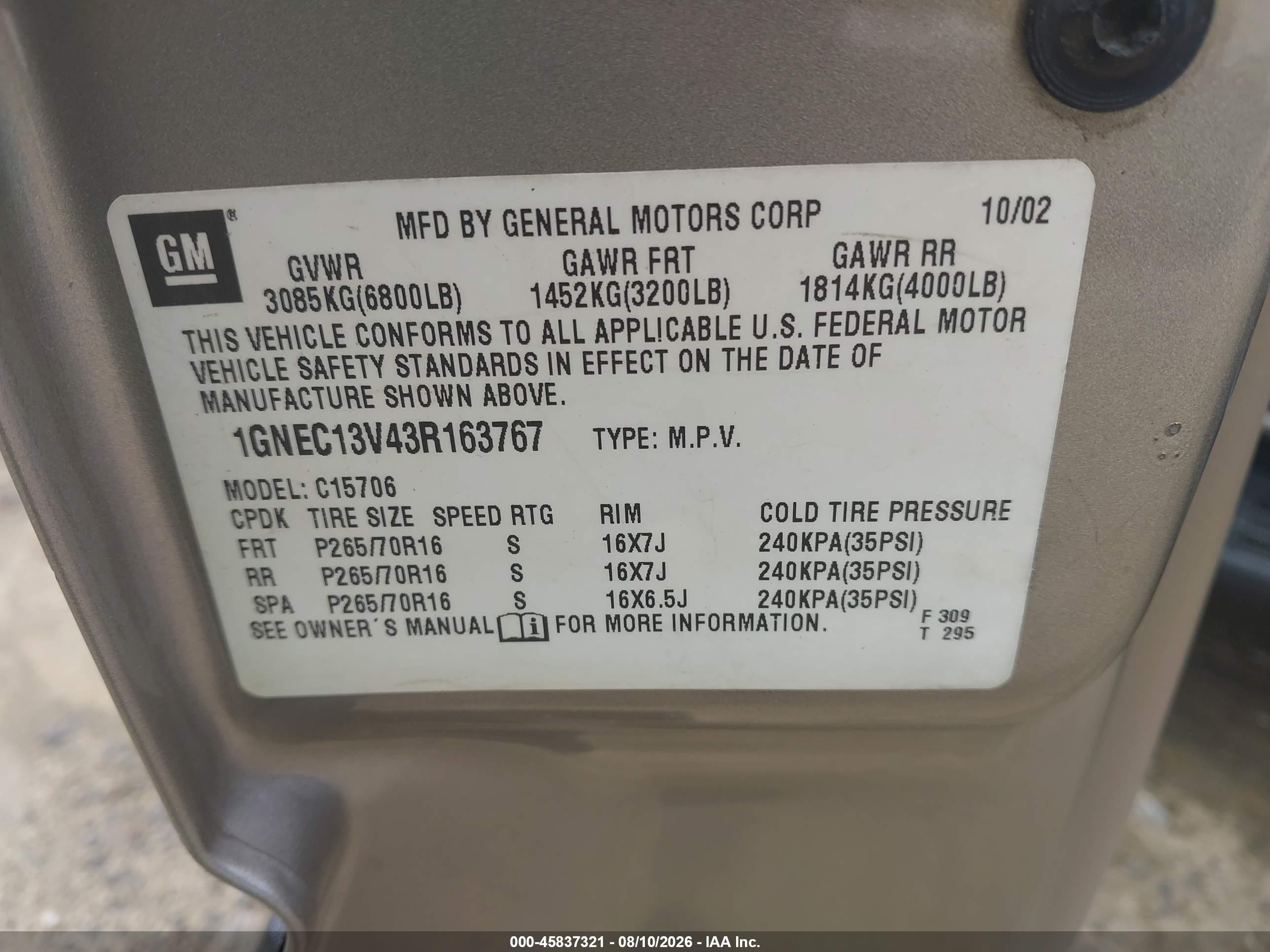 2003 Chevrolet Tahoe Ls Gold vin: 1GNEC13V43R163767