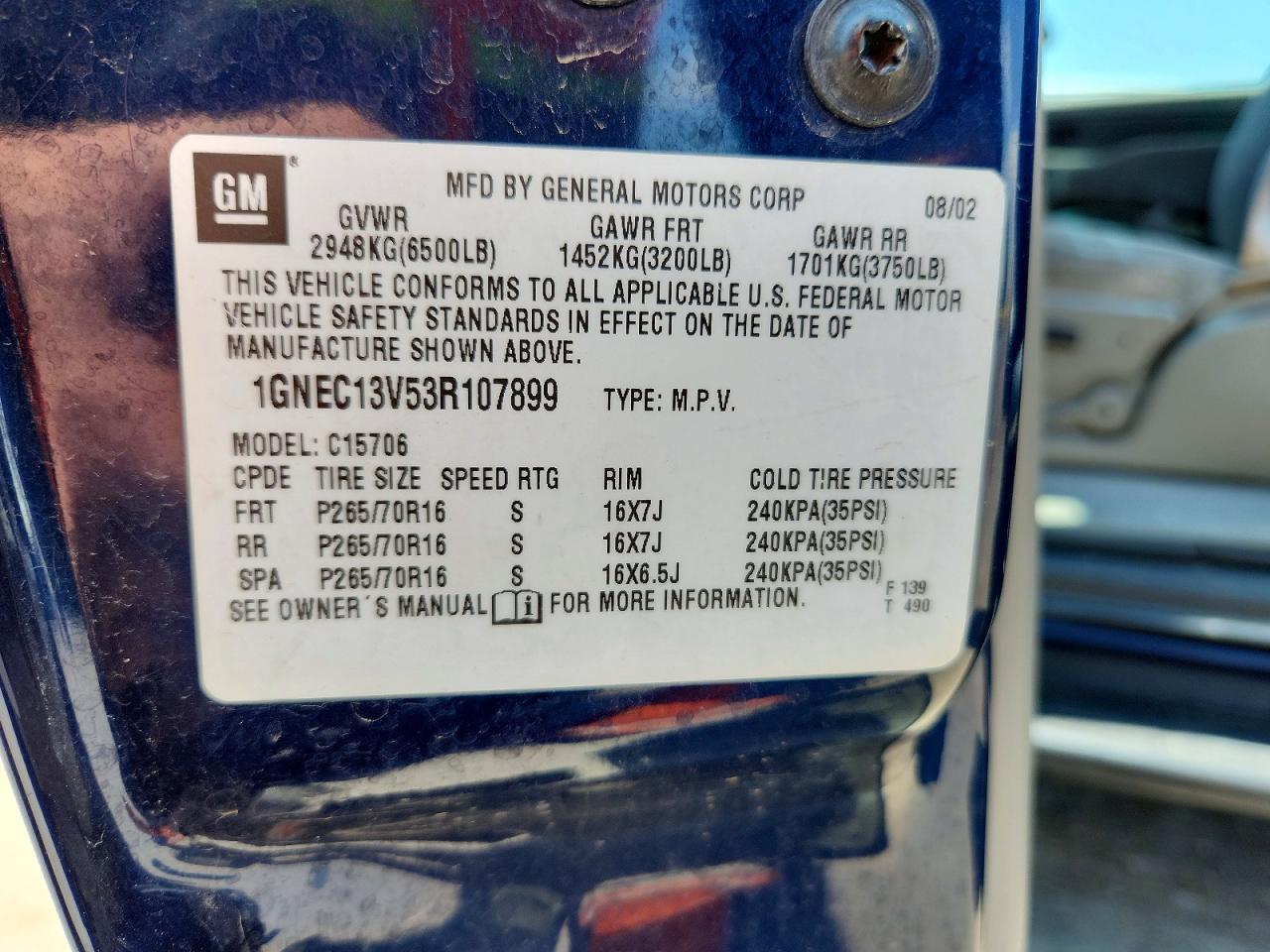 2003 Chevrolet Tahoe C1500 Blue vin: 1GNEC13V53R107899