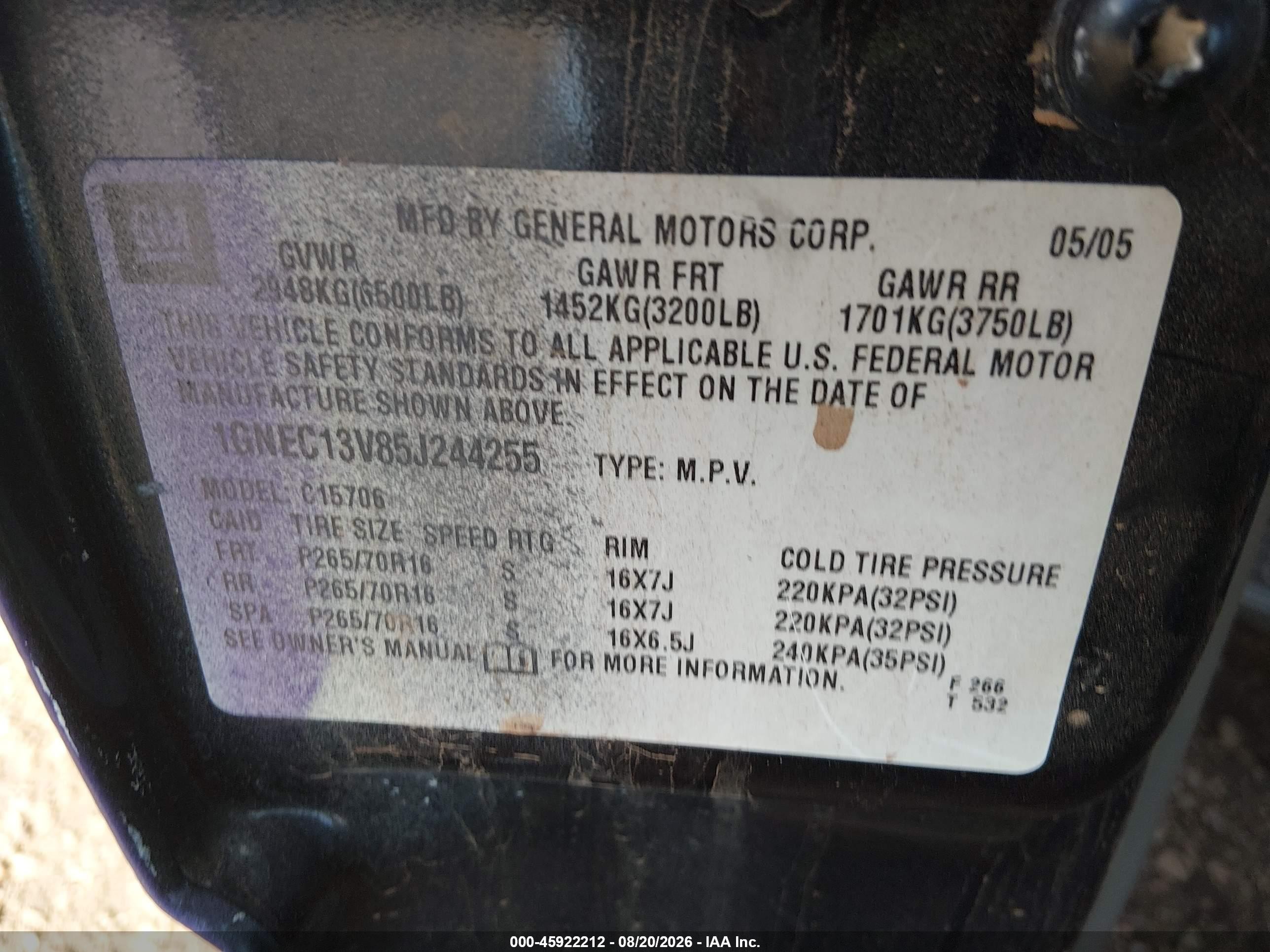 2005 Chevrolet Tahoe Ls Purple vin: 1GNEC13V85J244255