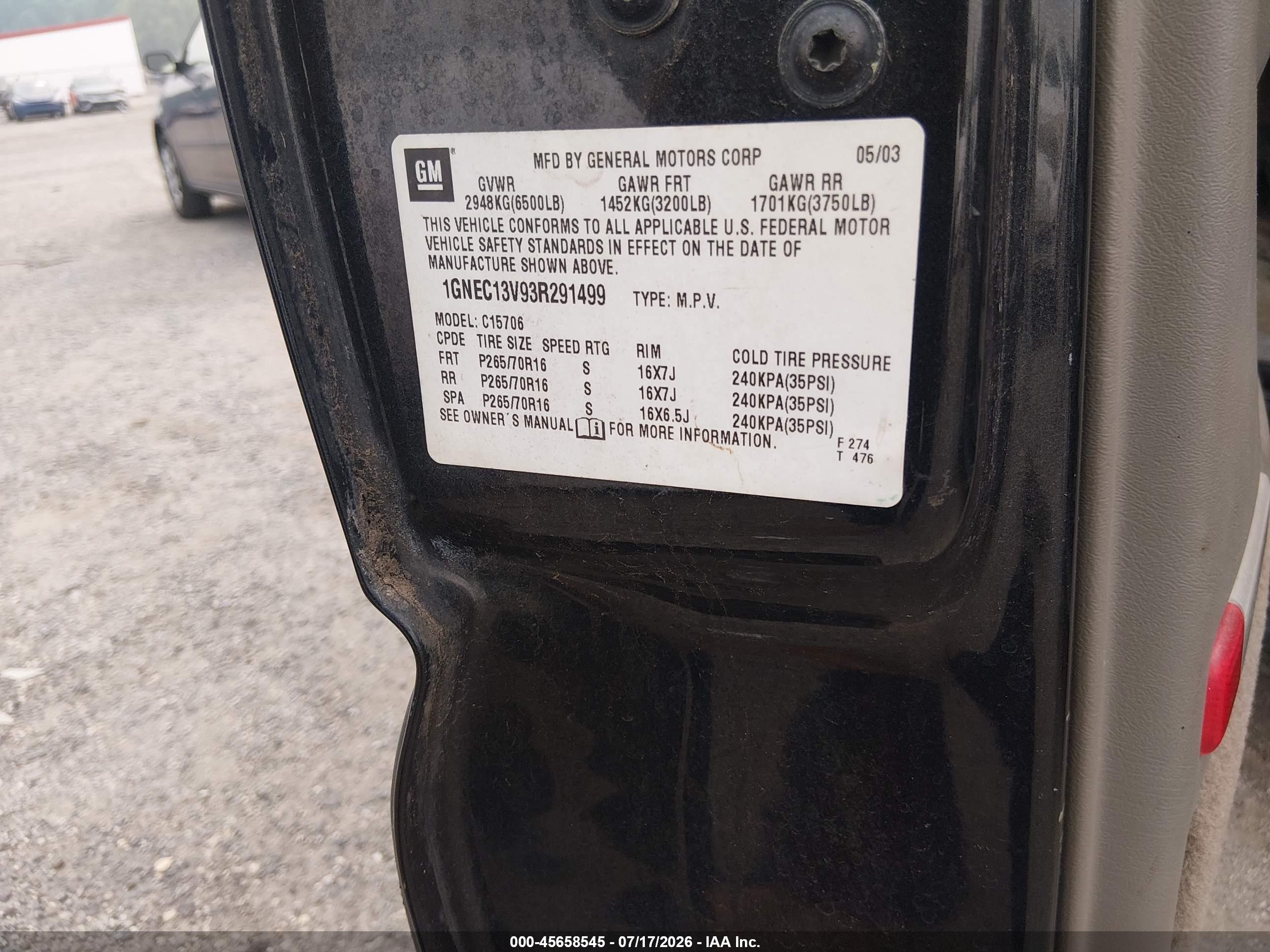 2003 Chevrolet Tahoe Ls Black vin: 1GNEC13V93R291499