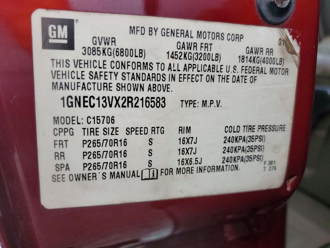 2002 Chevrolet Tahoe C1500 Burgundy vin: 1GNEC13VX2R216583