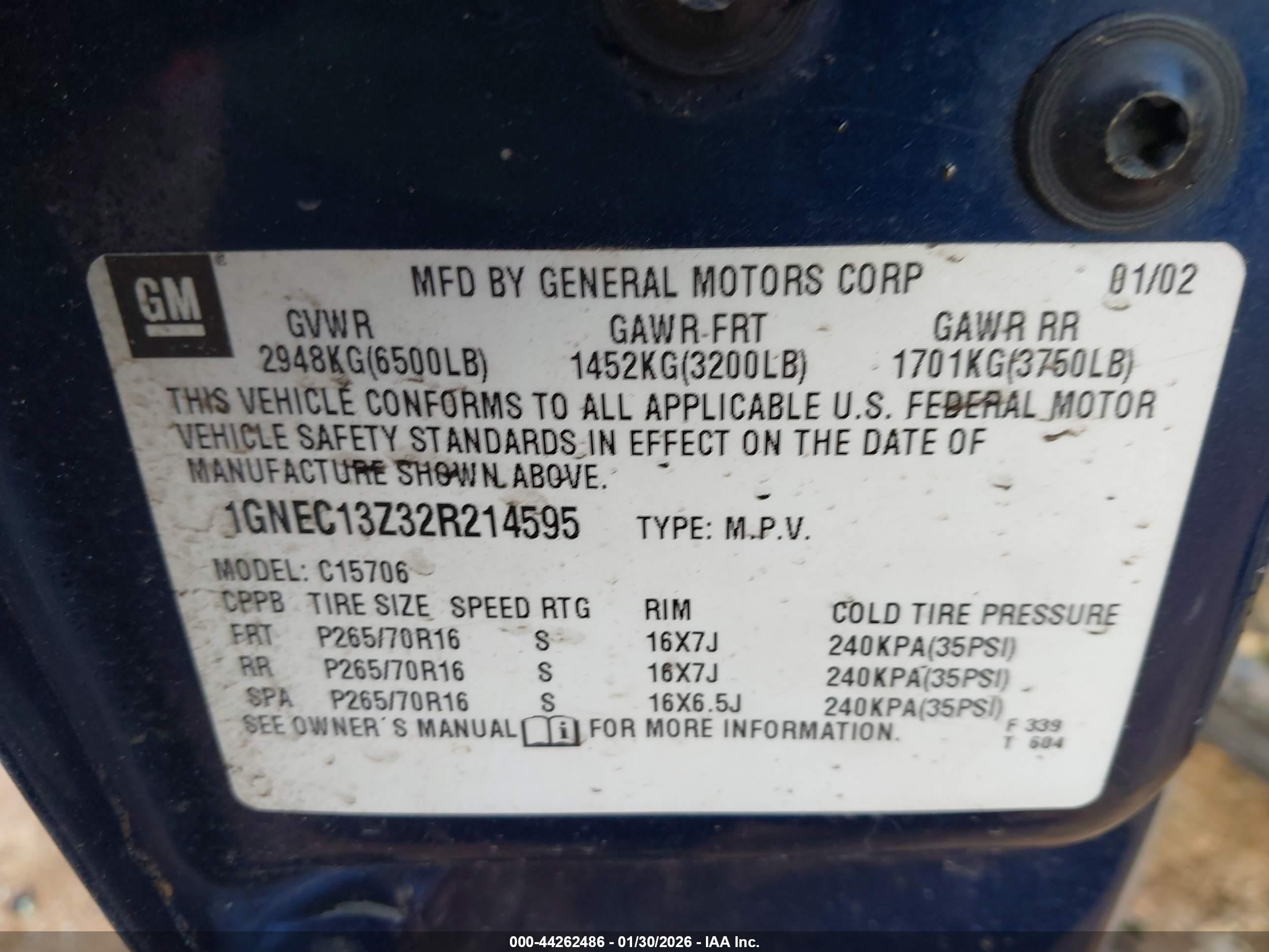 2002 Chevrolet Tahoe Ls Blue vin: 1GNEC13Z32R214595