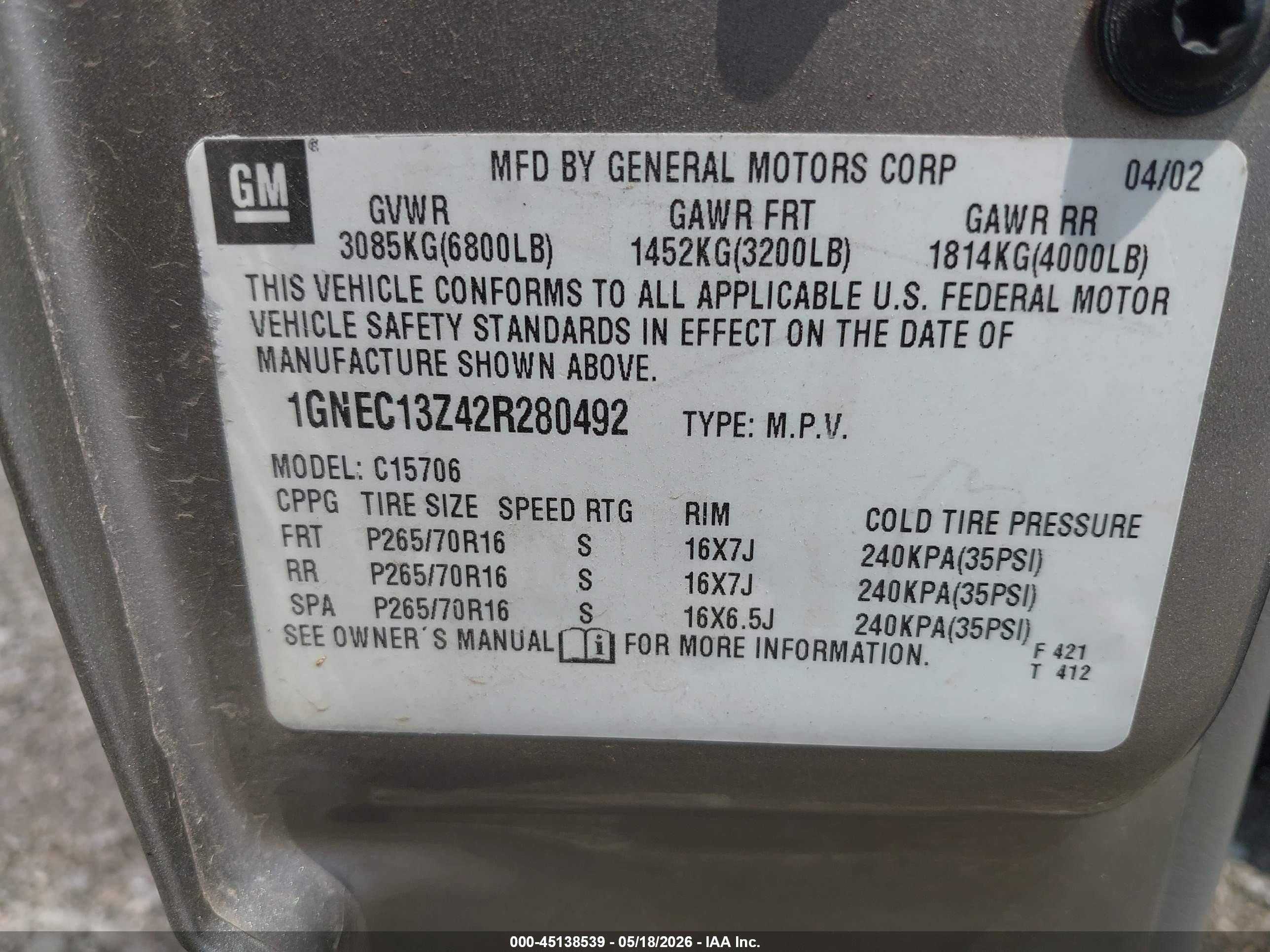 2002 Chevrolet Tahoe Ls Gold vin: 1GNEC13Z42R280492