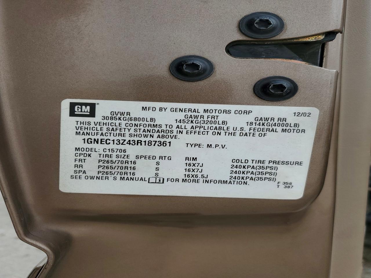 2003 Chevrolet Tahoe C1500 Tan vin: 1GNEC13Z43R187361