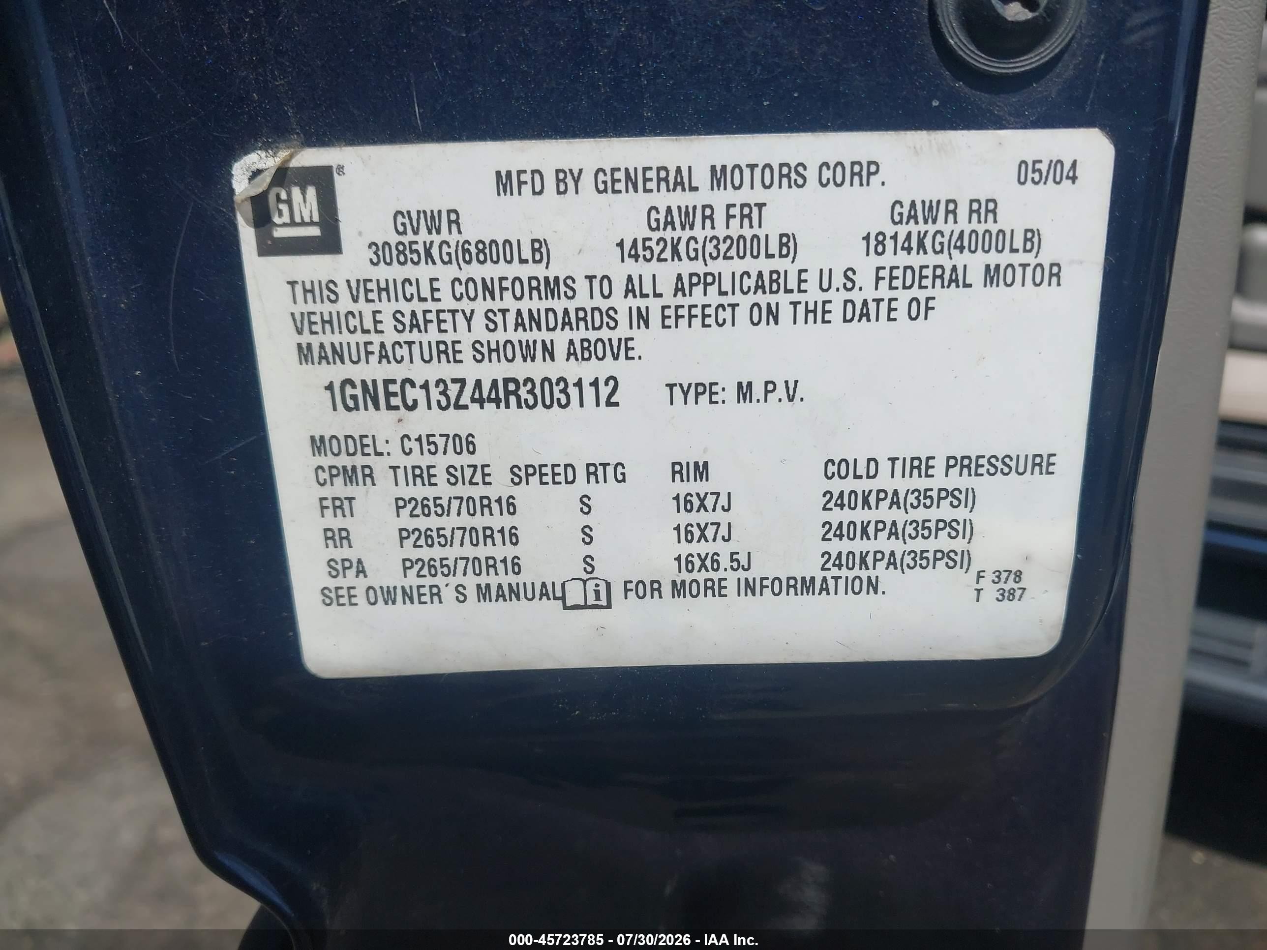 2004 Chevrolet Tahoe Ls Blue vin: 1GNEC13Z44R303112