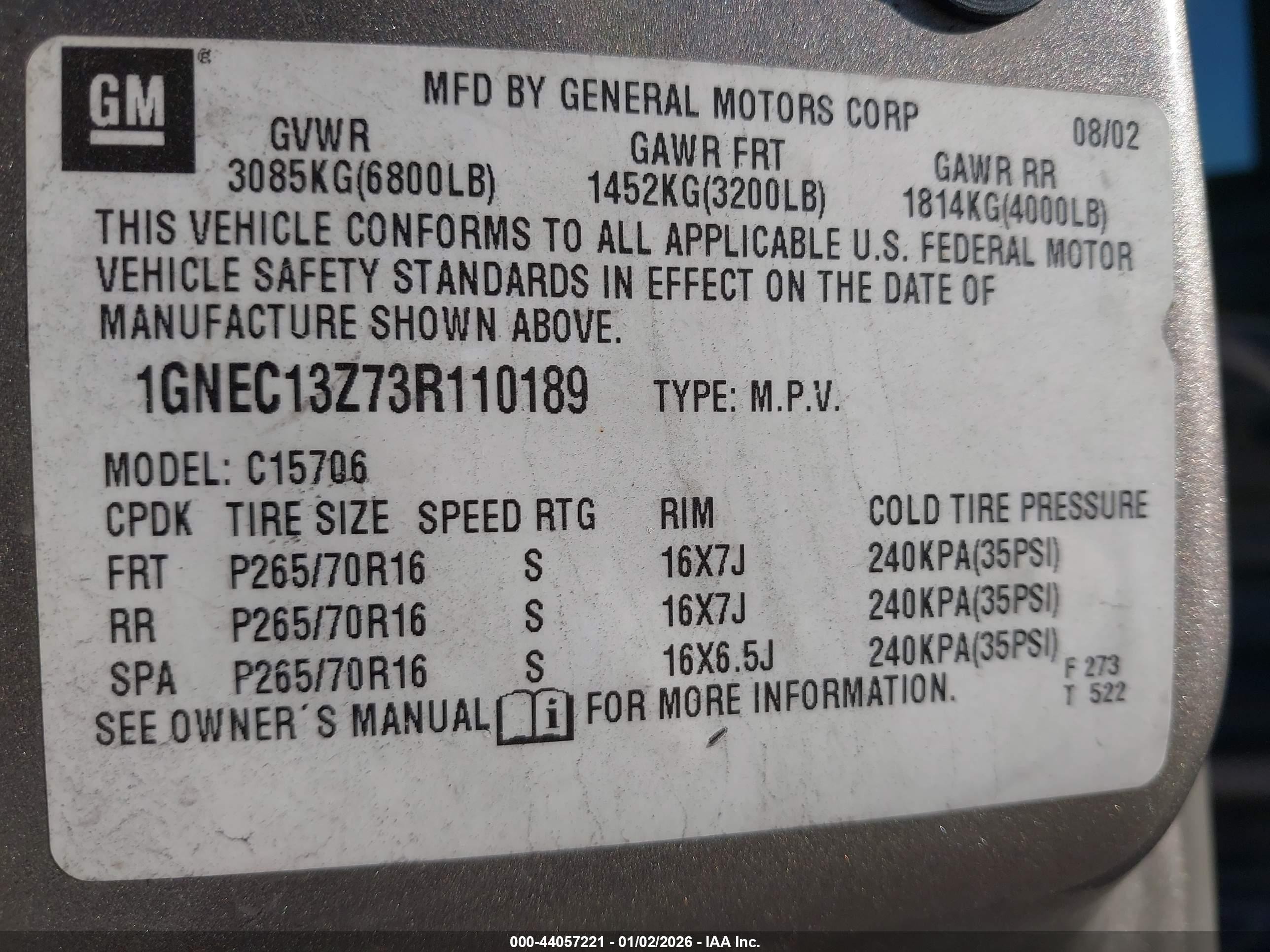 2003 Chevrolet Tahoe Lt Pewter vin: 1GNEC13Z73R110189