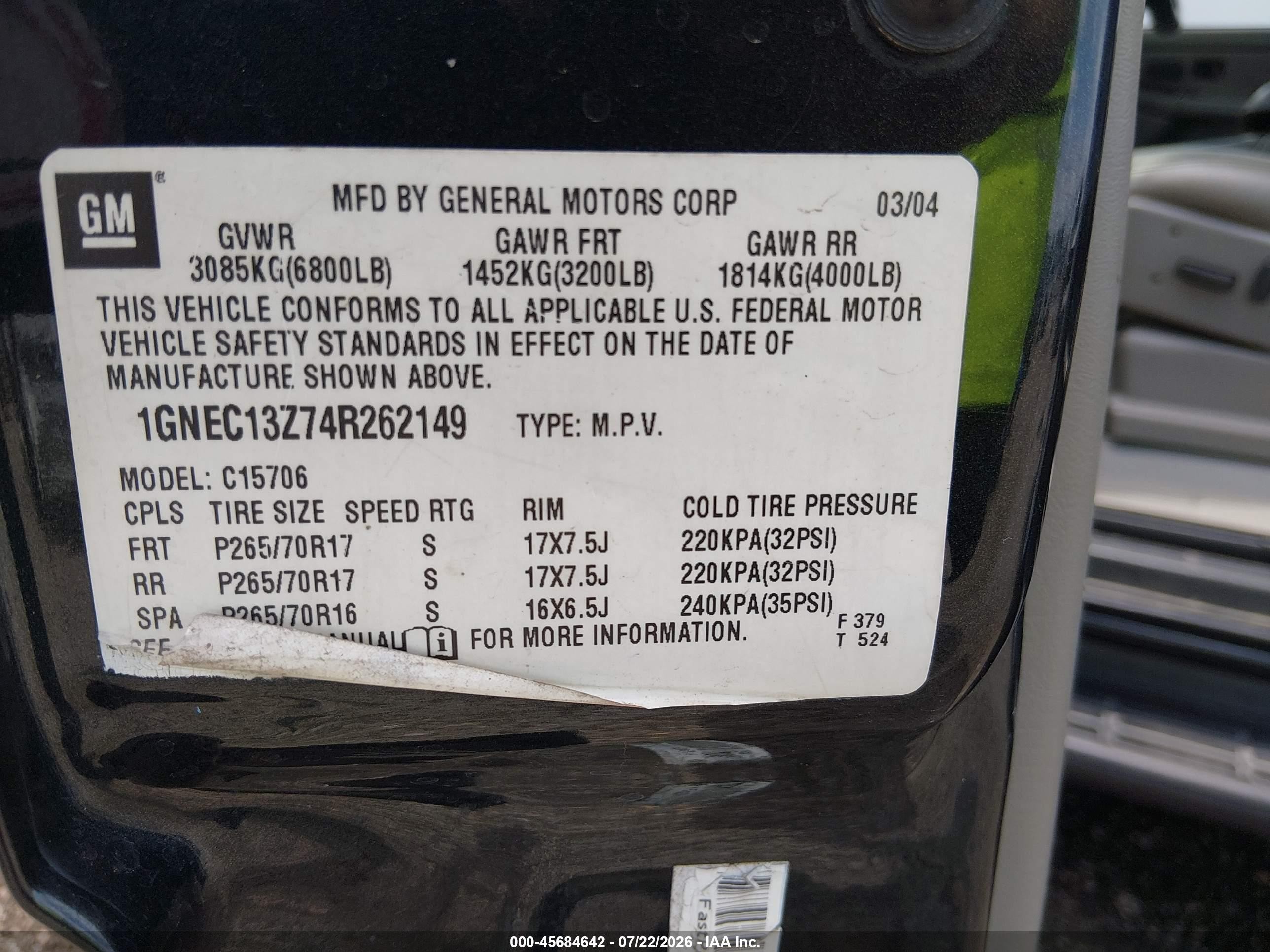 2004 Chevrolet Tahoe Lt Black vin: 1GNEC13Z74R262149