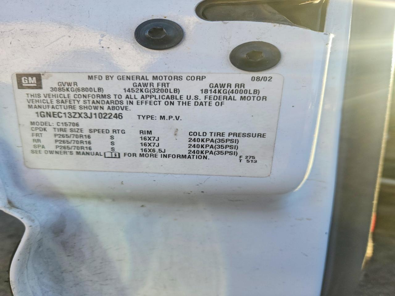 2003 Chevrolet Tahoe C1500 White vin: 1GNEC13ZX3J102246