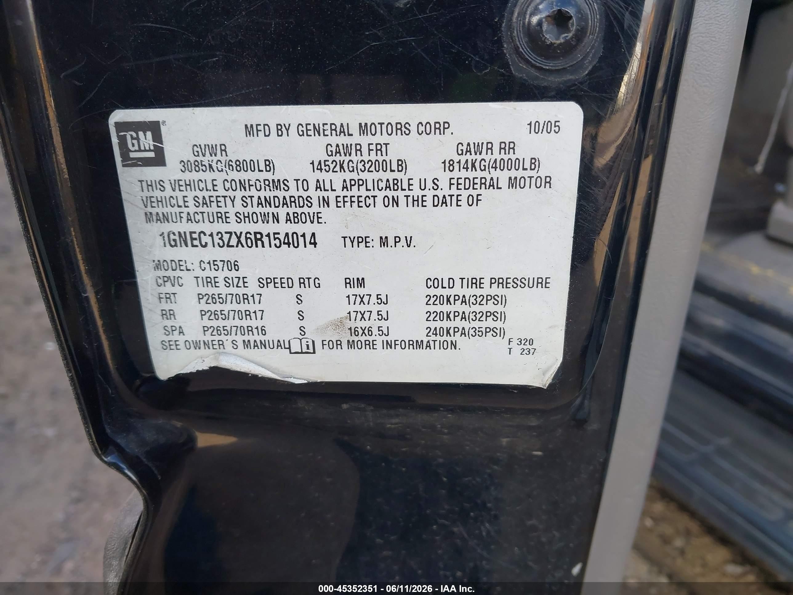 2006 Chevrolet Tahoe Lt Black vin: 1GNEC13ZX6R154014