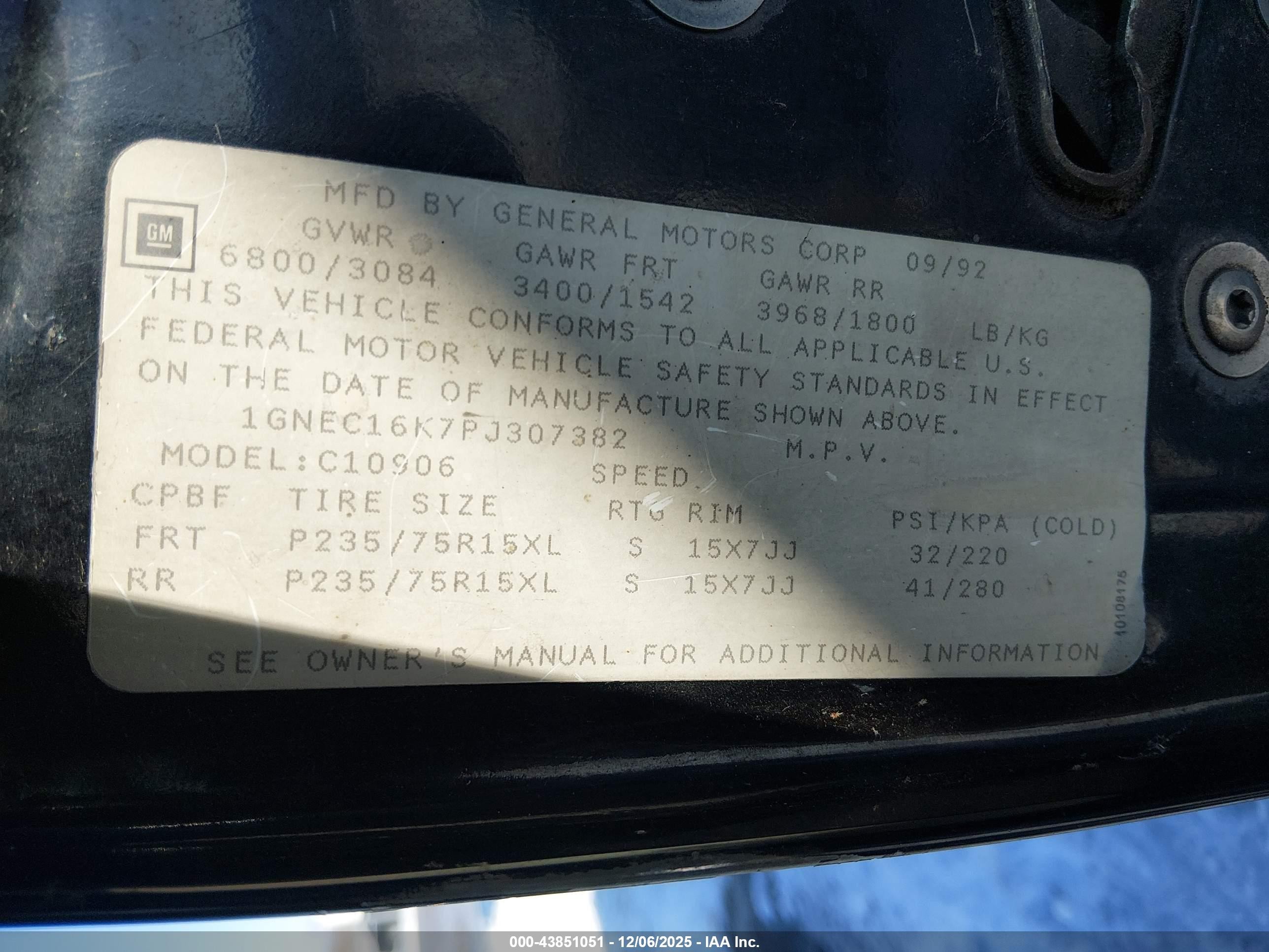 1993 Chevrolet Suburban C1500 Black vin: 1GNEC16K7PJ307382