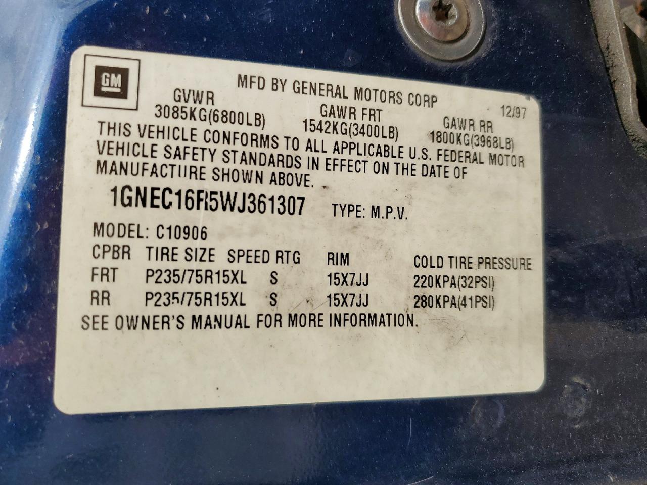 1998 Chevrolet Suburban C1500 Blue vin: 1GNEC16R5WJ361307