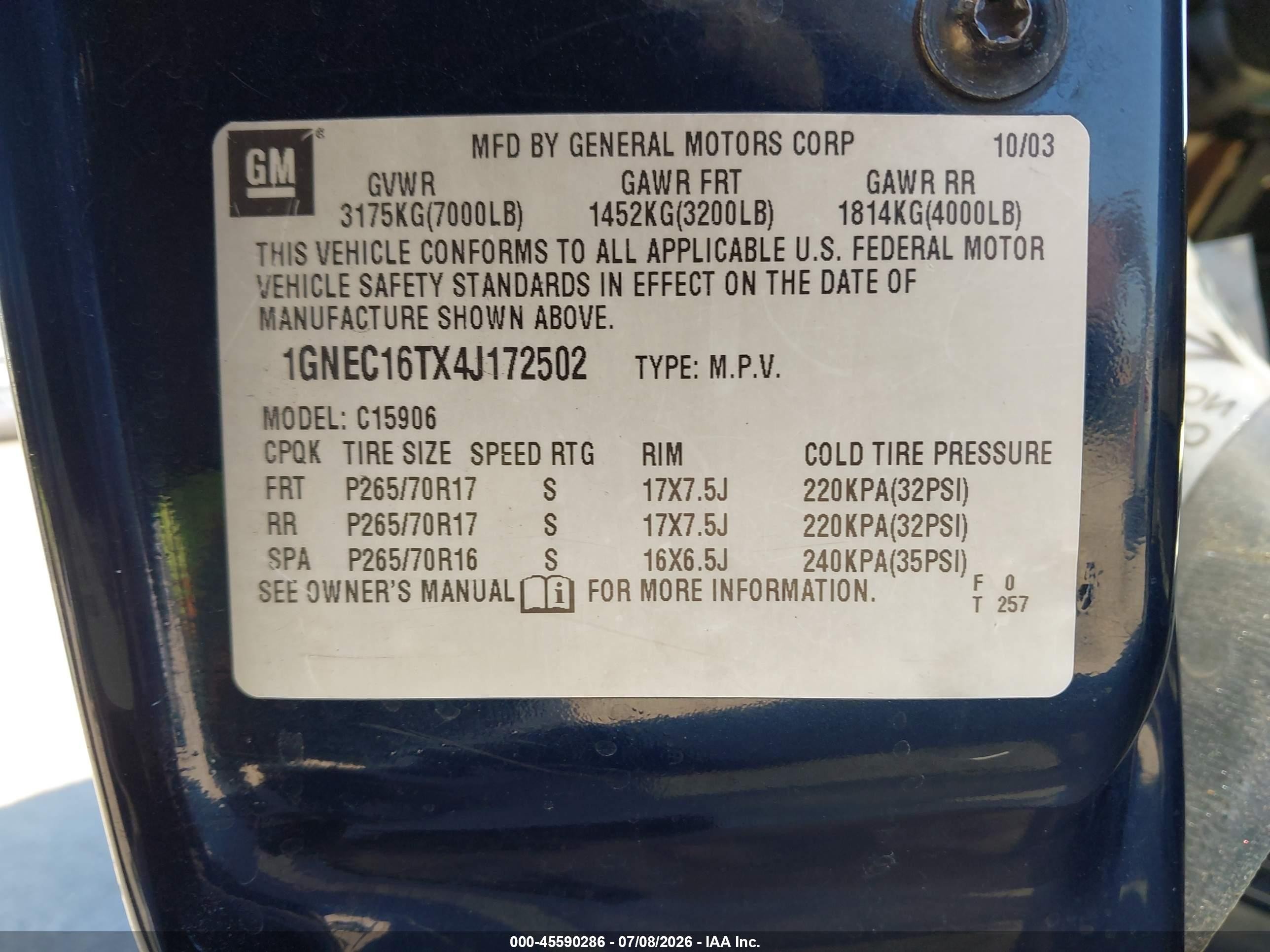 2004 Chevrolet Suburban 1500 Ls Dark Blue vin: 1GNEC16TX4J172502