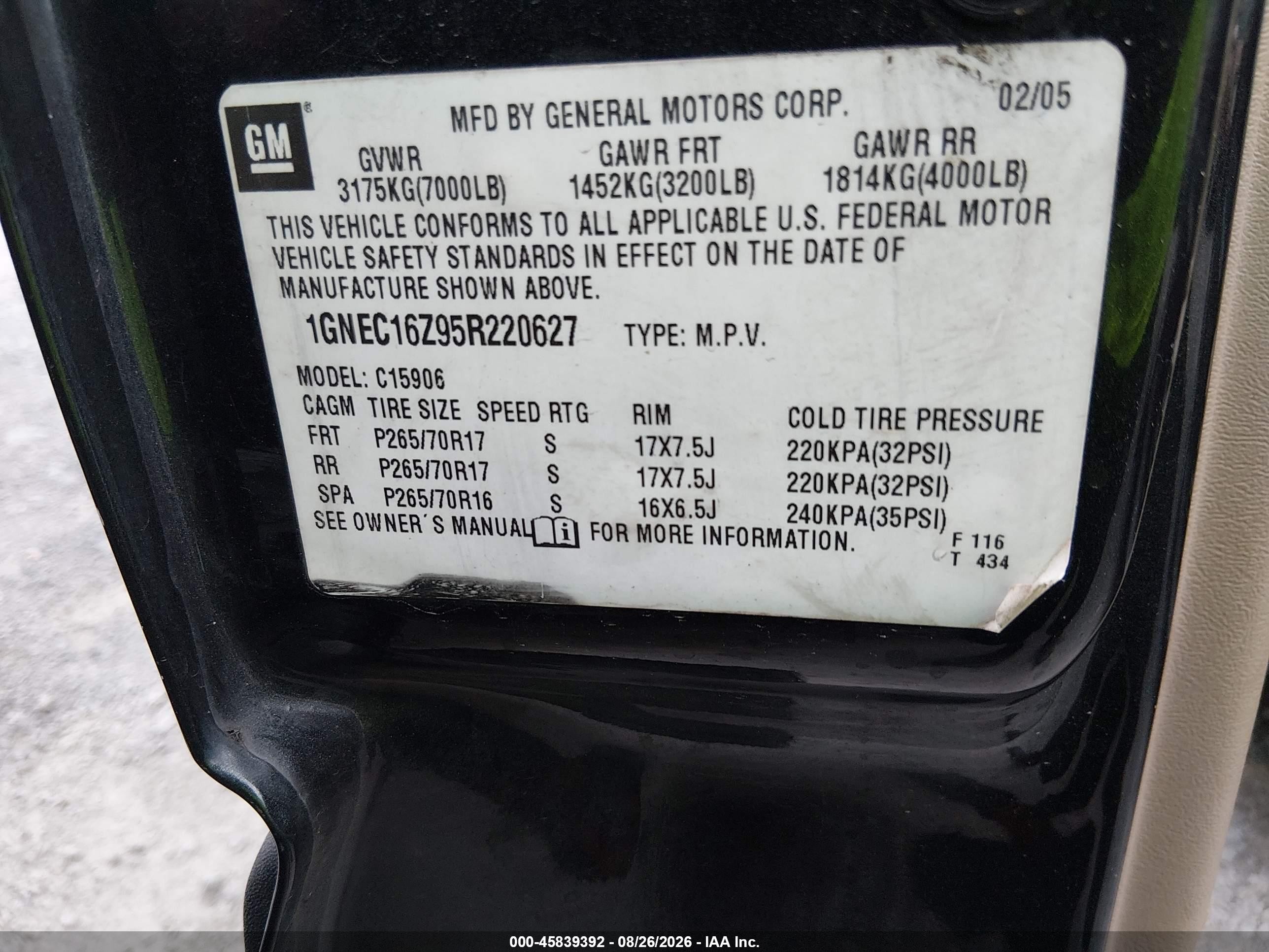 2005 Chevrolet Suburban 1500 Lt Black vin: 1GNEC16Z95R220627