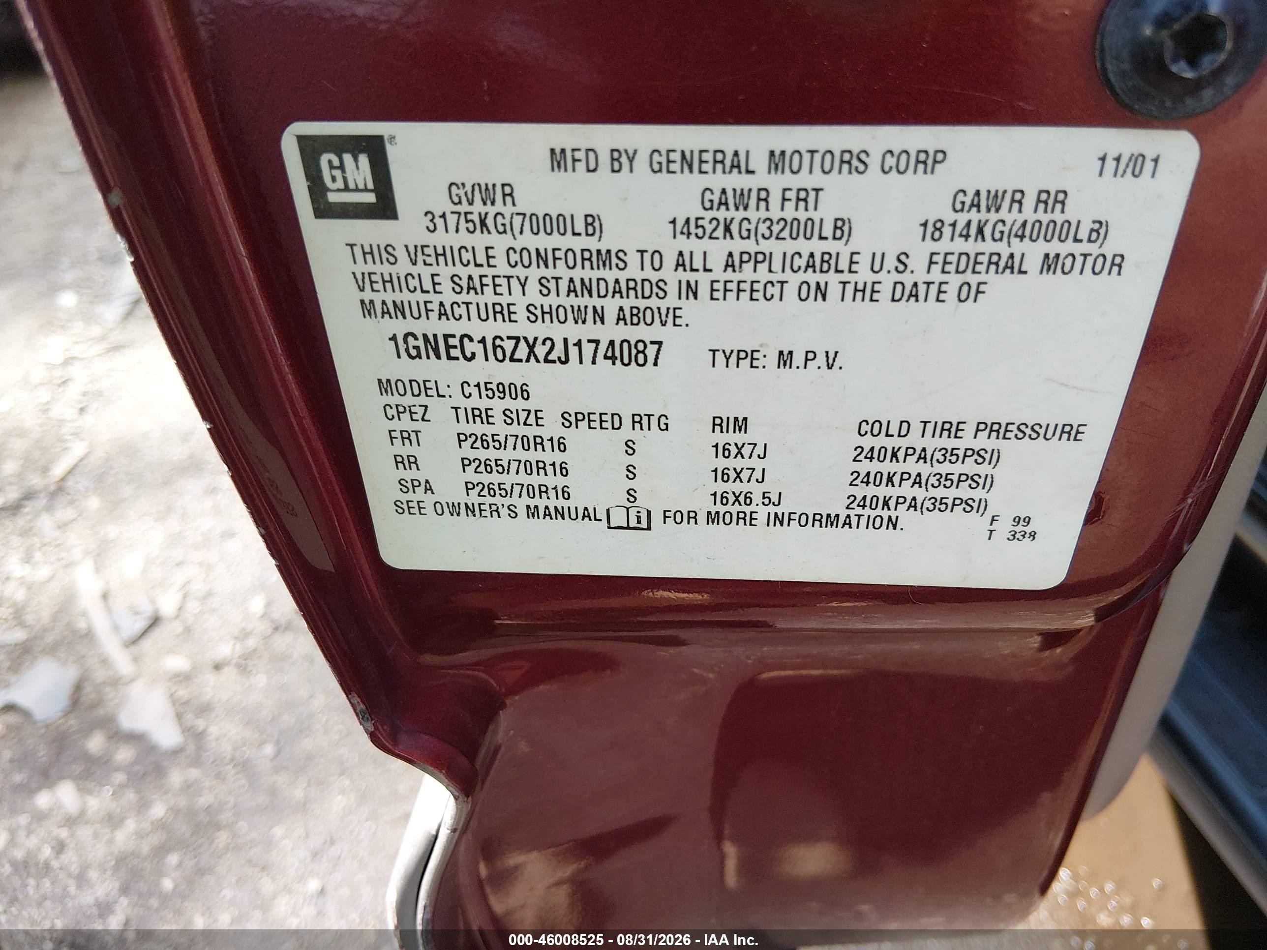 2002 Chevrolet Suburban 1500 Lt Burgundy vin: 1GNEC16ZX2J174087