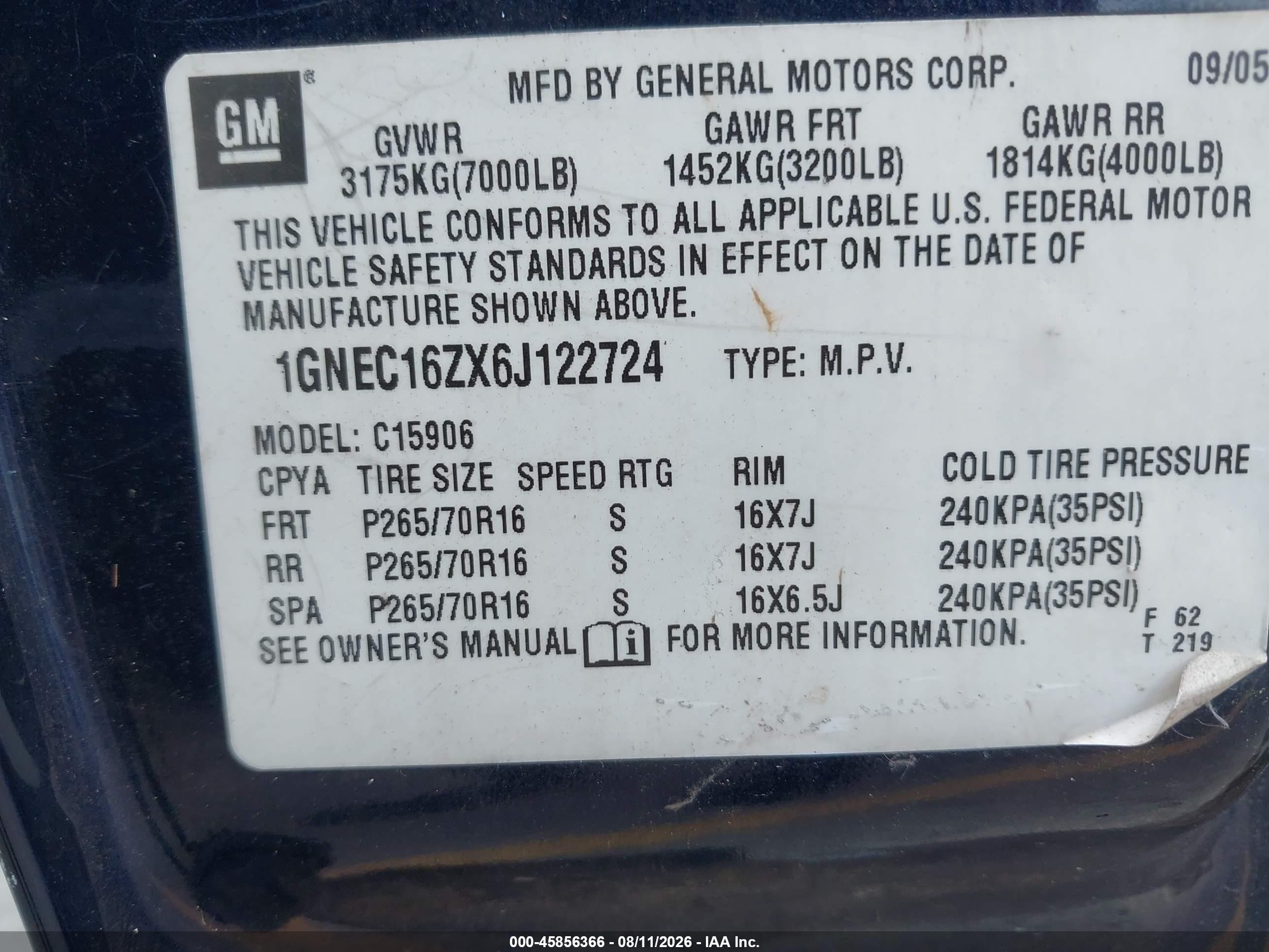 2006 Chevrolet Suburban 1500 Ls Blue vin: 1GNEC16ZX6J122724