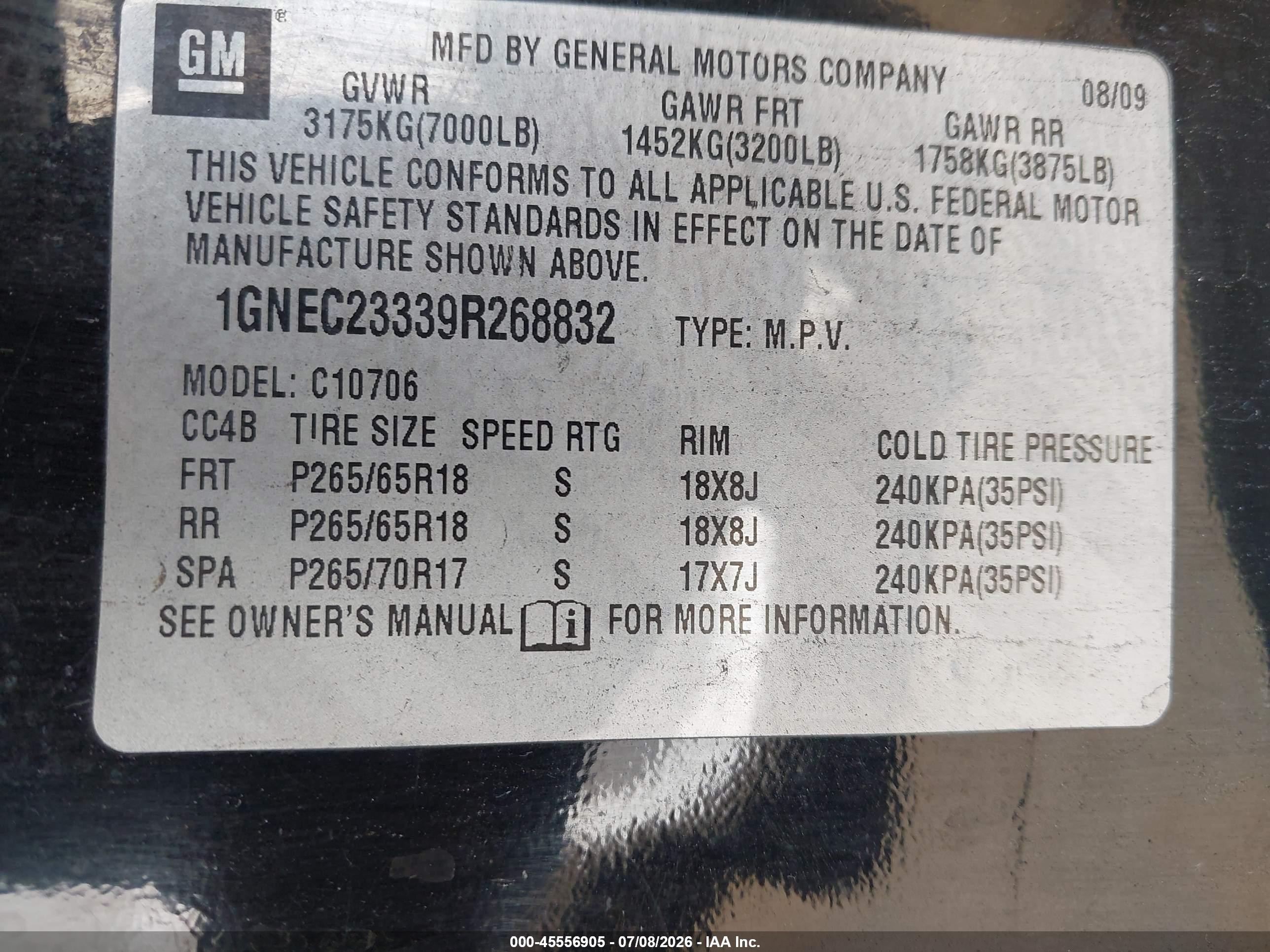 2009 Chevrolet Tahoe Lt2 Black vin: 1GNEC23339R268832