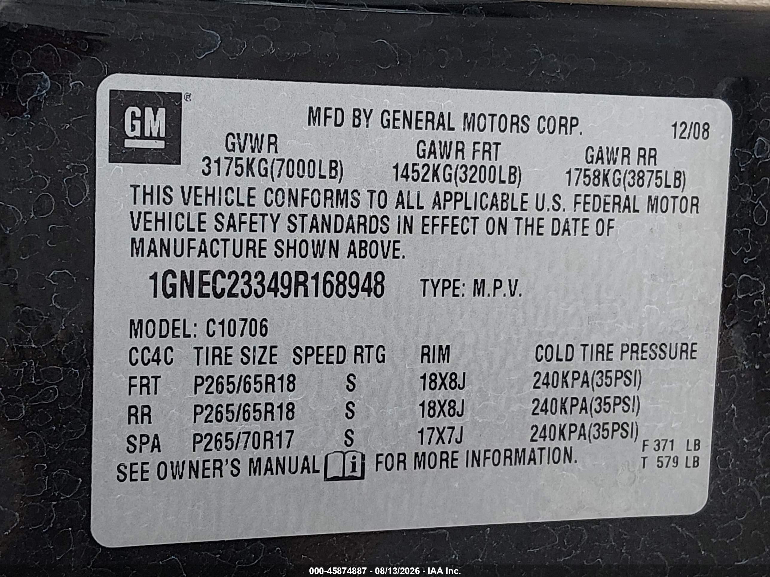 2009 Chevrolet Tahoe Lt2 Black vin: 1GNEC23349R168948