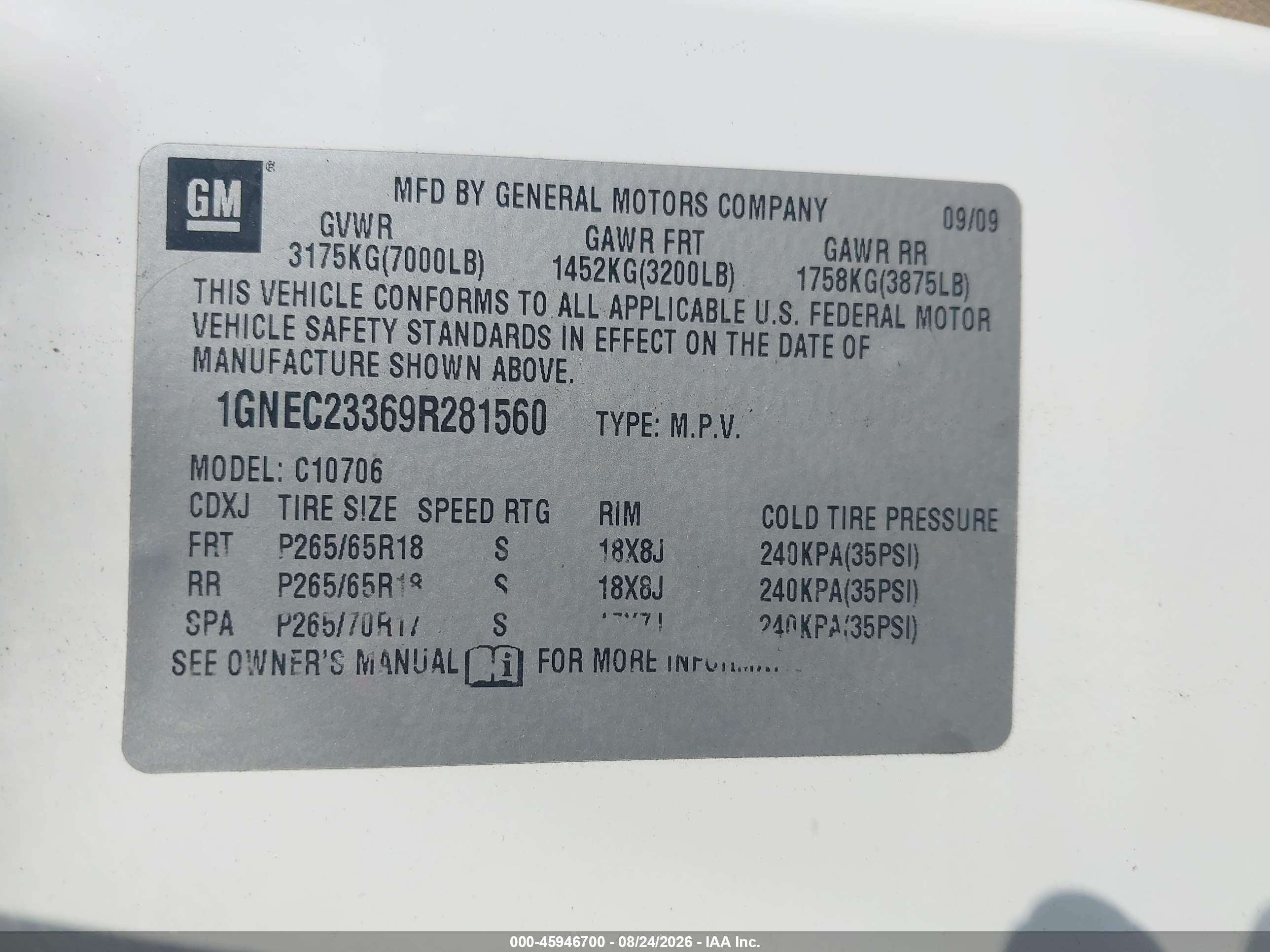 2009 Chevrolet Tahoe Lt2 Белый vin: 1GNEC23369R281560